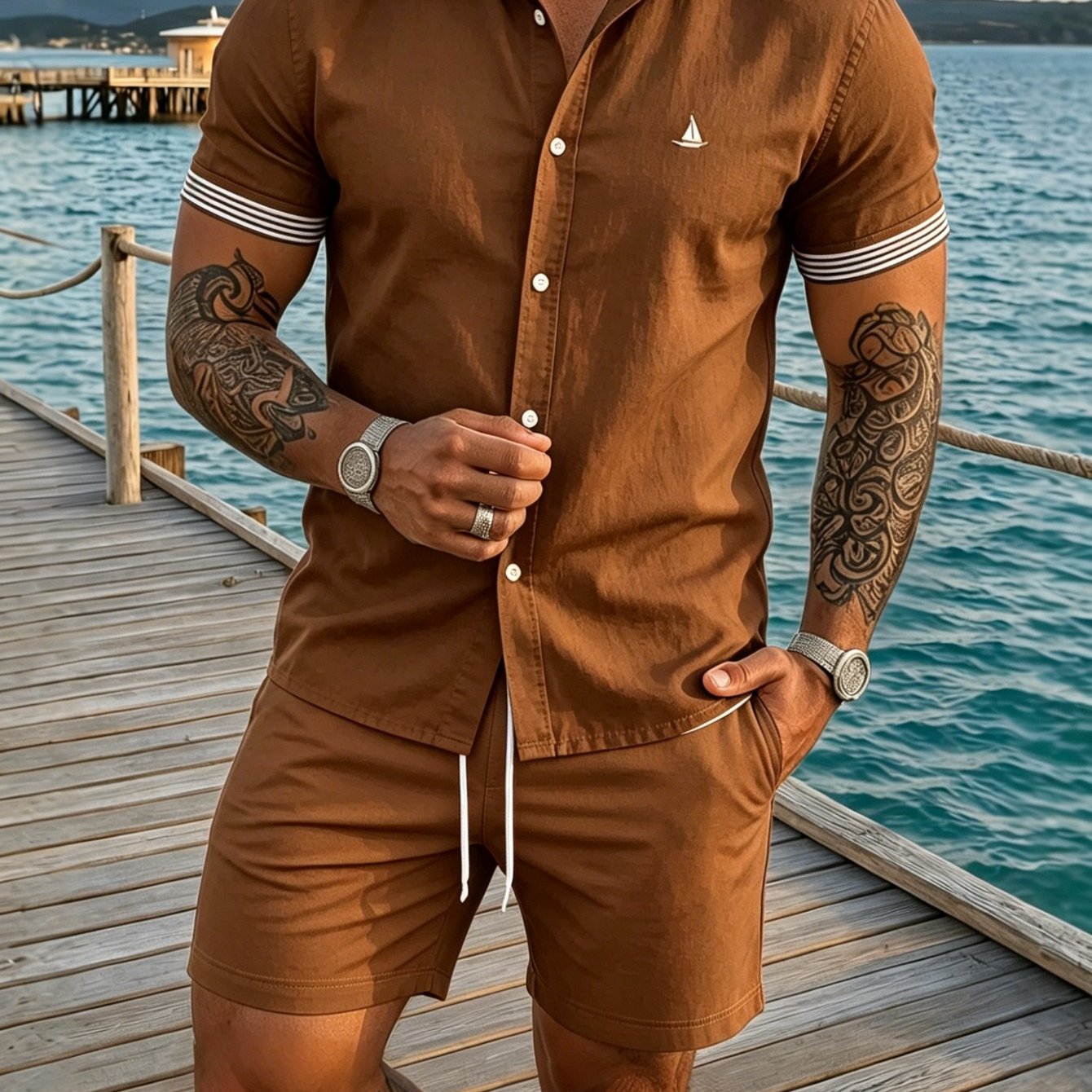 Image of Men's Polyester Short Sleeved Button Up Shirt Set Casual Shirt Suitable For Casual Urban Wear, Work And Daily Life Tops, Unisex Design