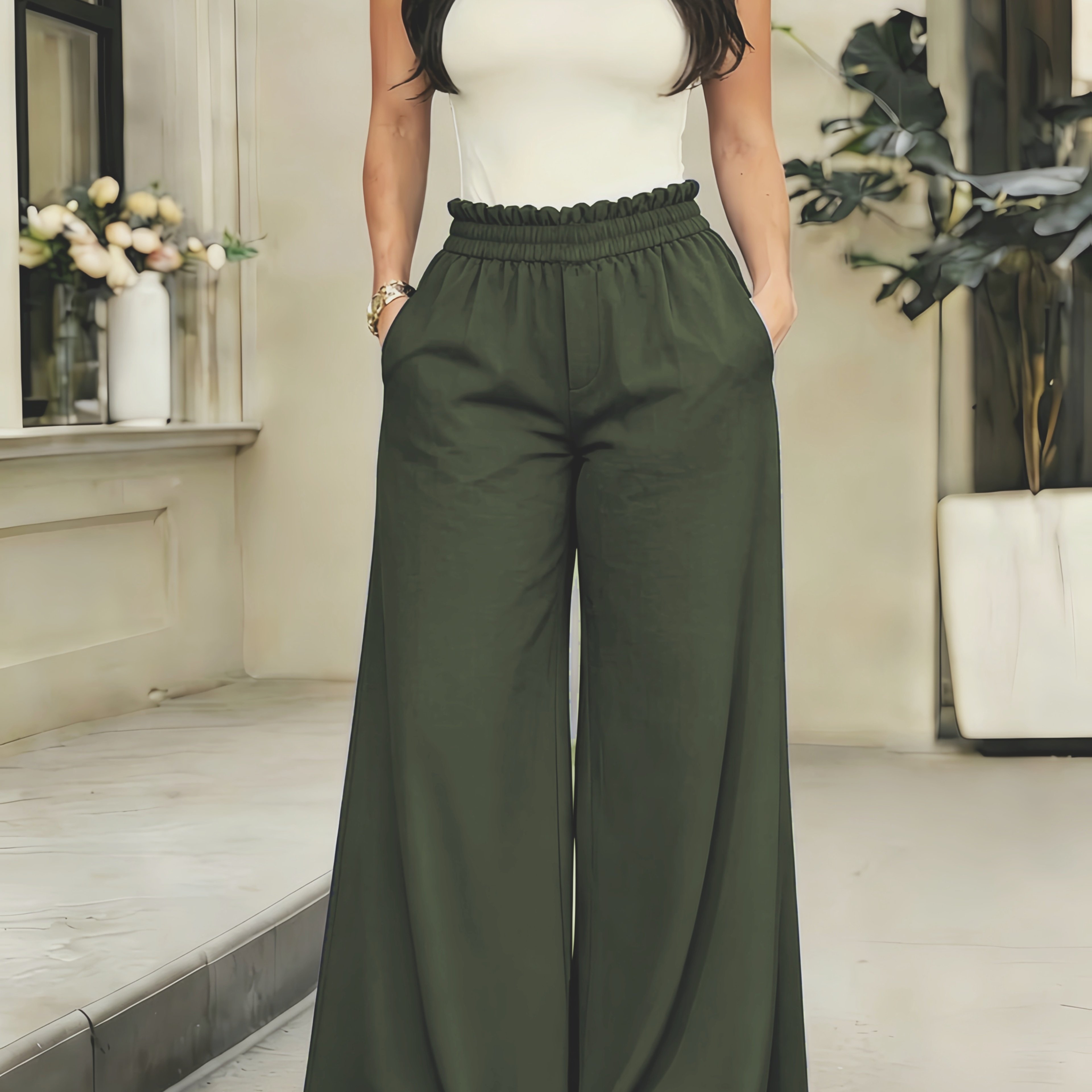 TEMU Women's Elegant Casual Pants - Stretchy Waist Wide-leg Trousers - Long Pants With Pockets - Soft Plush Fabric - Solid Color Casual Comfortable