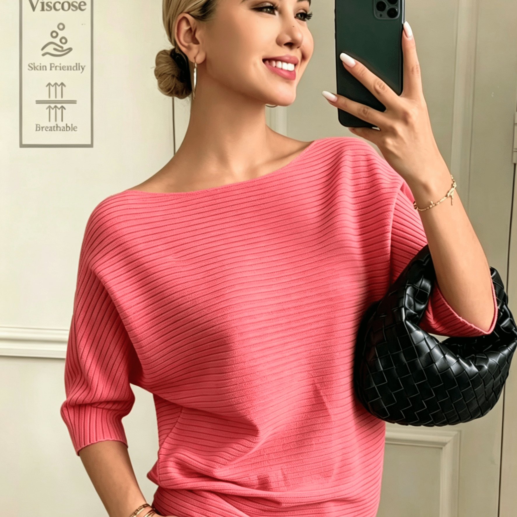 TEMU Women's Elegant Off-shoulder Solid Batwing Short-sleeve Sweater, Soft Half-sleeve Top For Daily Casual And Party Wear