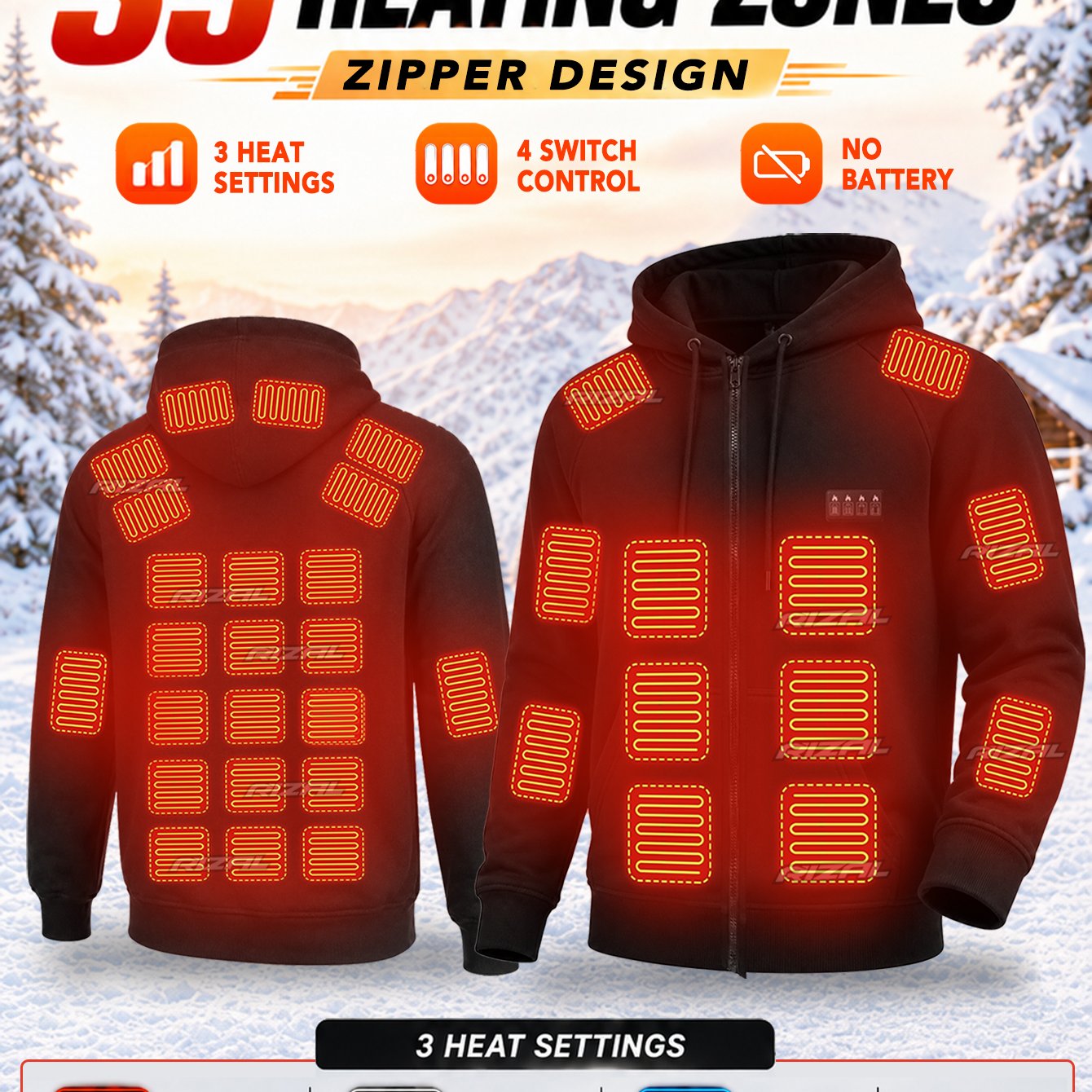 Image of Men's Heated Hoodie(classic), 35 Heating Zones With 4 Independent Control Switches, 3 Adjustable Temperature Levels, For Camping Hiking Skiing Outdoor Winter Wear