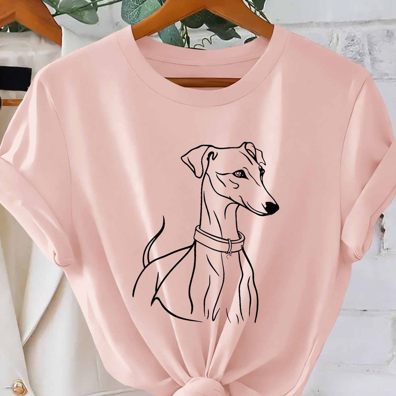TEMU Greyhound Line Art Print Women's T-shirt | Minimalist Whippet Dog Pattern Casual Crew Neck Short Sleeve | Retro Casual Cute Top | 2026