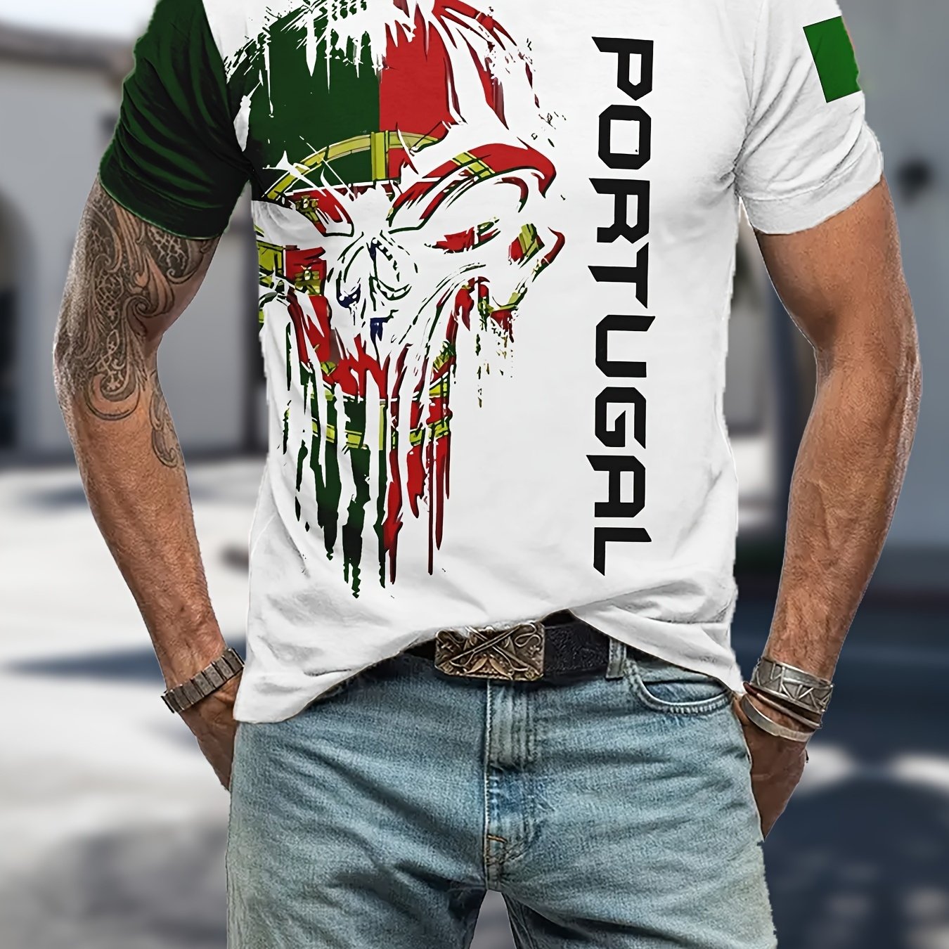 TEMU [Design Imprimé, Pas Texturé], T-shirt d'été confortable à manches courtes pour hommes, T-shirt à imprimé graffiti numérique, Design Portugais
