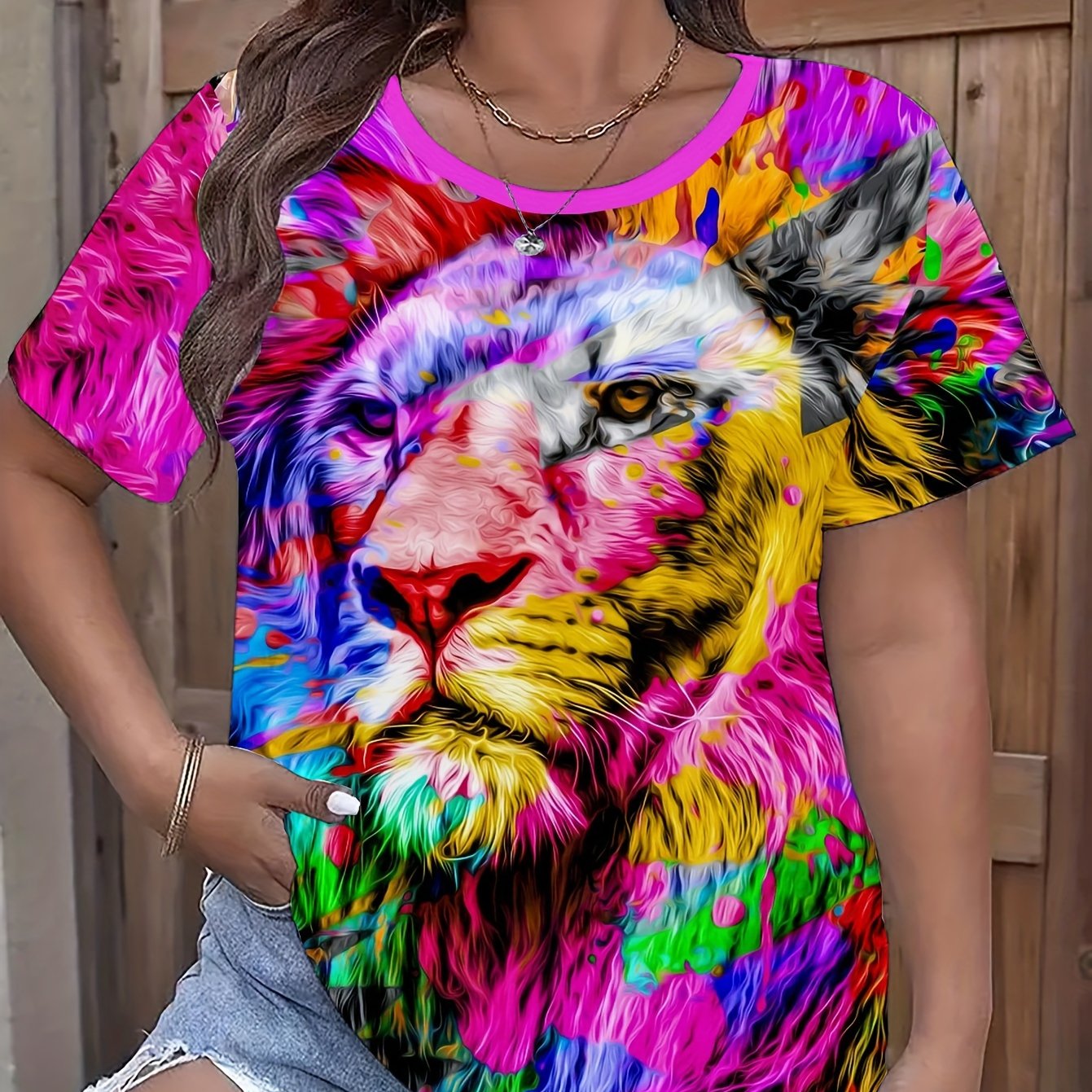 TEMU Plus Size, Colorful Lion Print T-shirt For Spring And Summer: Comfortable And Durable Casual Large Size Round Neck Short Sleeve, Fashionable And