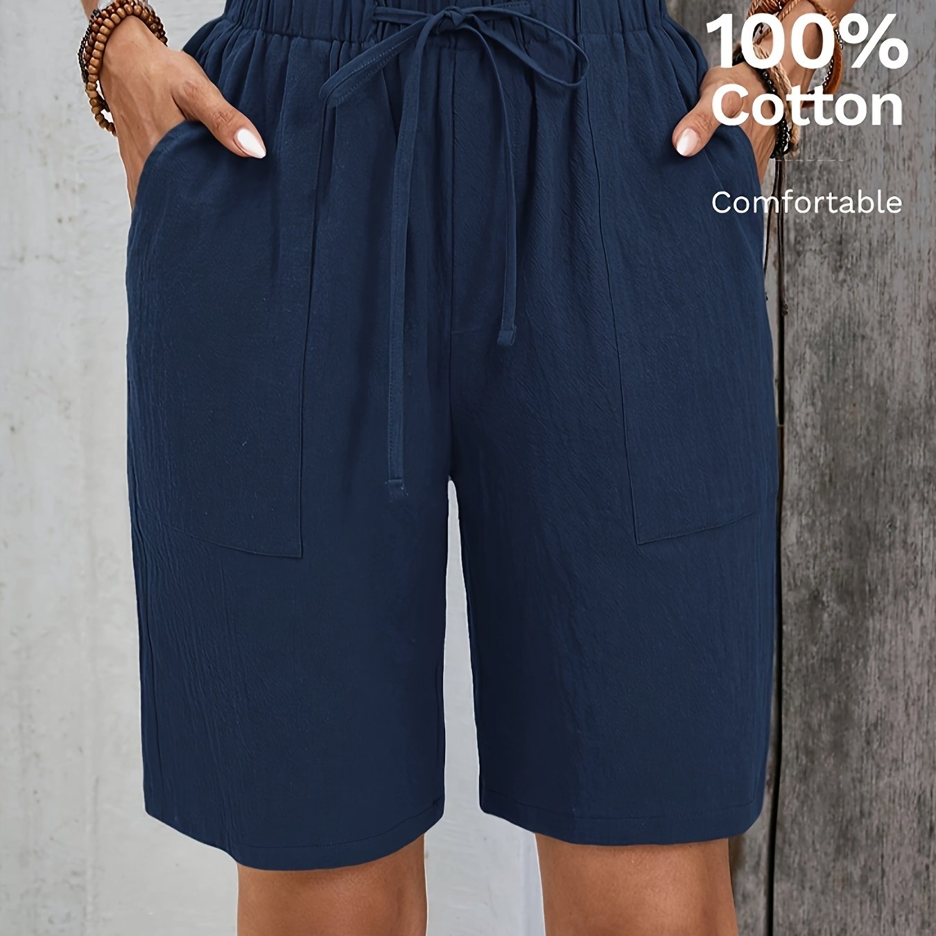 Image of Women's Casual Shorts, Drawstring Waist, Pure Fabric, Navy Blue Casual , Work Trousers, Beach Shorts