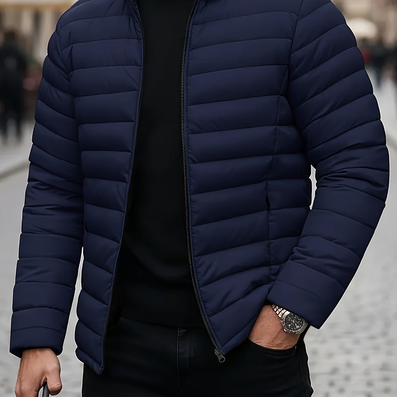TEMU Men' Coat, Men's Autumn Winter Solid Color Quilted Jacket, Men's Casual Zipper Warm Quilted Collar Jacket, Warm Comfortable Fashionable Outdoor