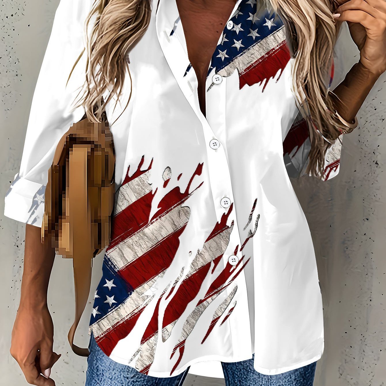 TEMU Plus Size, Women's Large Long Sleeve Shirt - American Flag Print Button- Top With Collar, Full Coverage Blouse For Spring Summer Fall, Machine