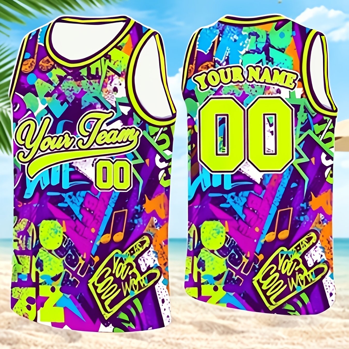 TEMU 1 Customizable Hawaiian-style Basketball Tank Top- Personalized Sleeveless Tank Top With Team Name And Number, Neon Graffiti Print, Breathable