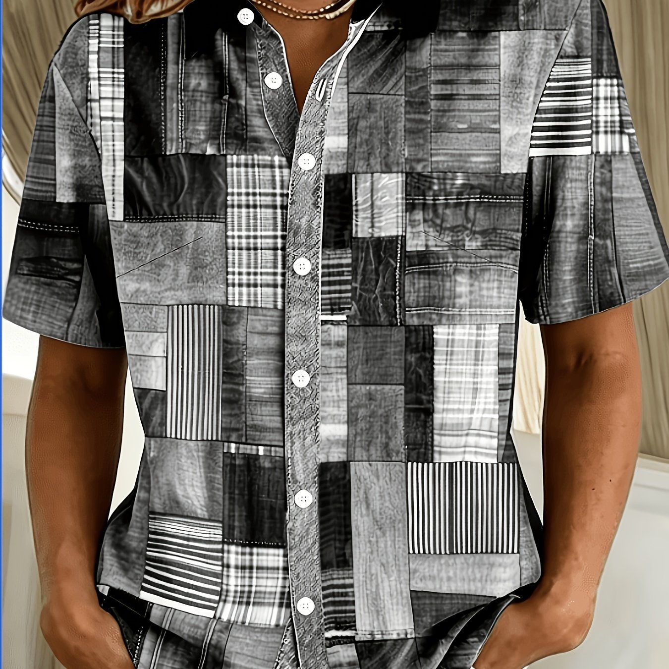 TEMU Women's Casual Fashion Denim Color Block Print Button-up Short Sleeve Open Front Shirt, Printed Design – Not Textured