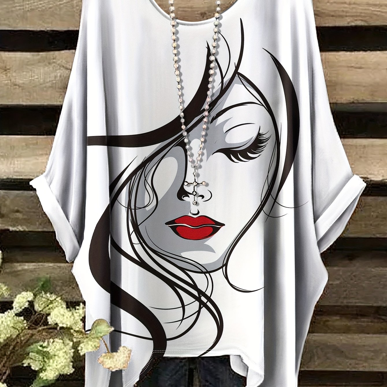 Image of Plus Size - Plus Size - Summer Fashion New Plus Size Round Neck Elegant Women's Portrait Pattern Print, Casual Elegant Comfortable Style Women's Round Neck Short Sleeve T-shirt, No Additions