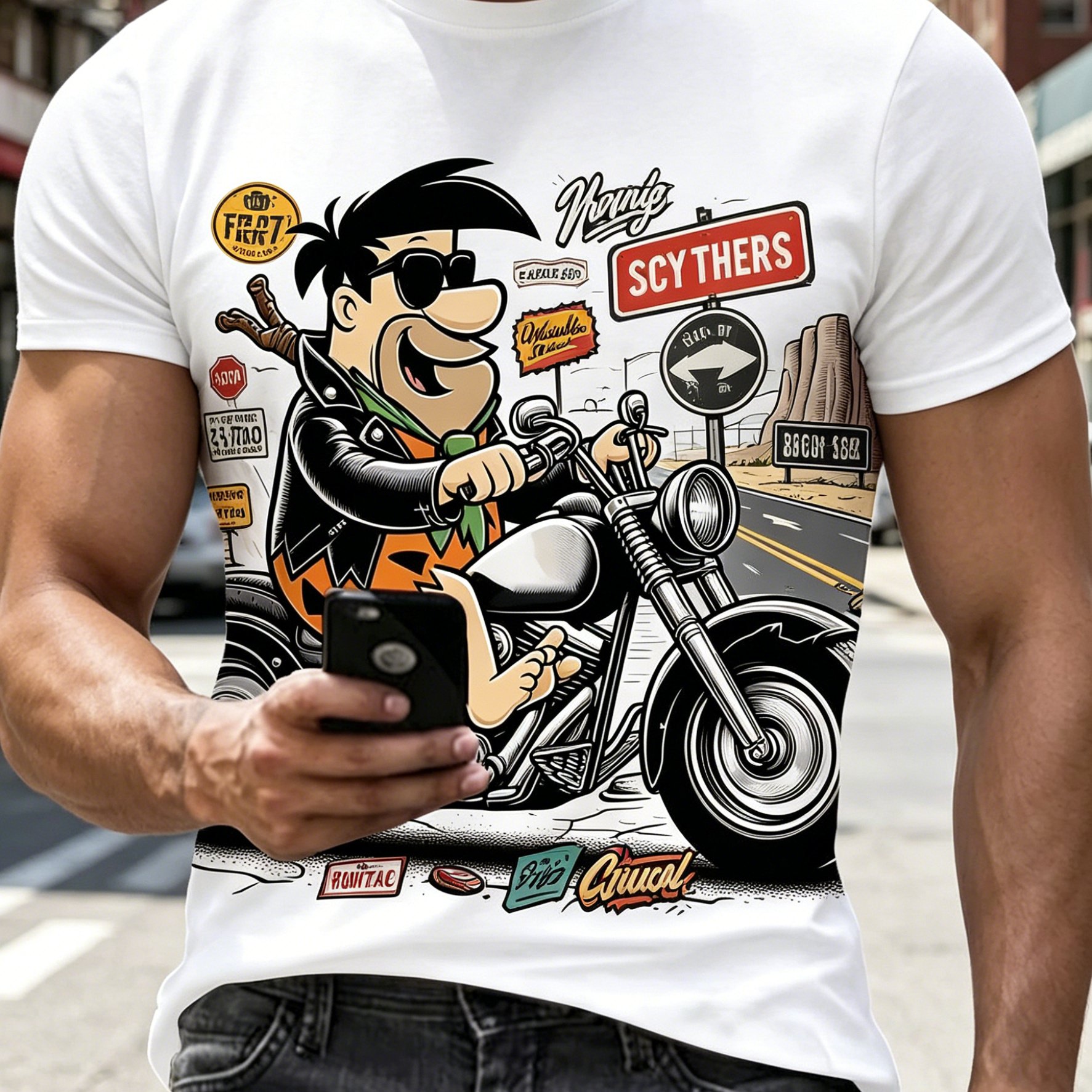 TEMU Summer ' Short Sleeve, Front With Modern Riding Motorcycle Cartoon Print, With Graffiti , Loose Fit Washable Non-deformable, Suitable For Fun