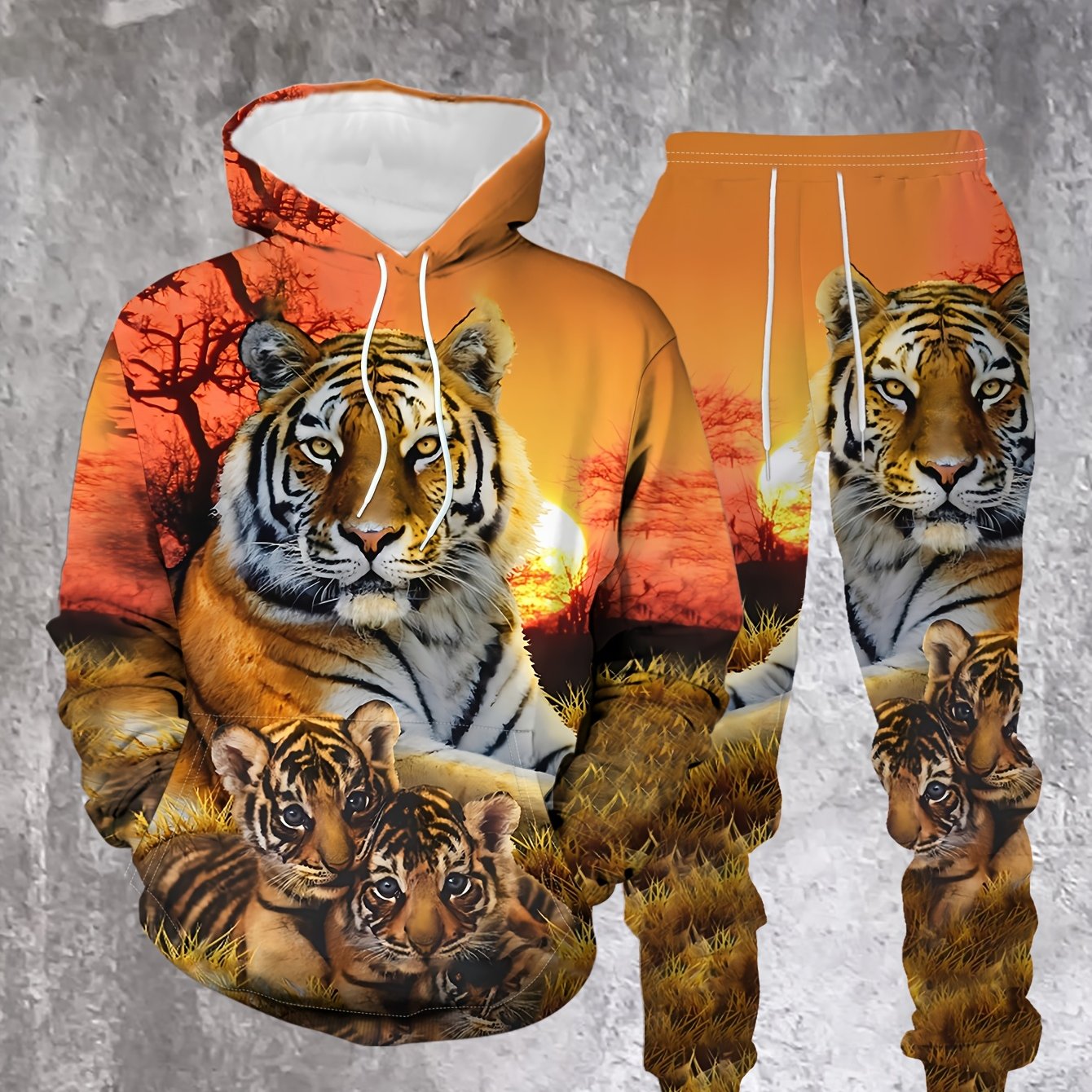 TEMU 2pcs Men's Tiger Face Print Hoodie & Sweatpants - Full-body Tiger Matching Tracksuit, Sportswear Outfit Suitable For Spring/autumn, Casual