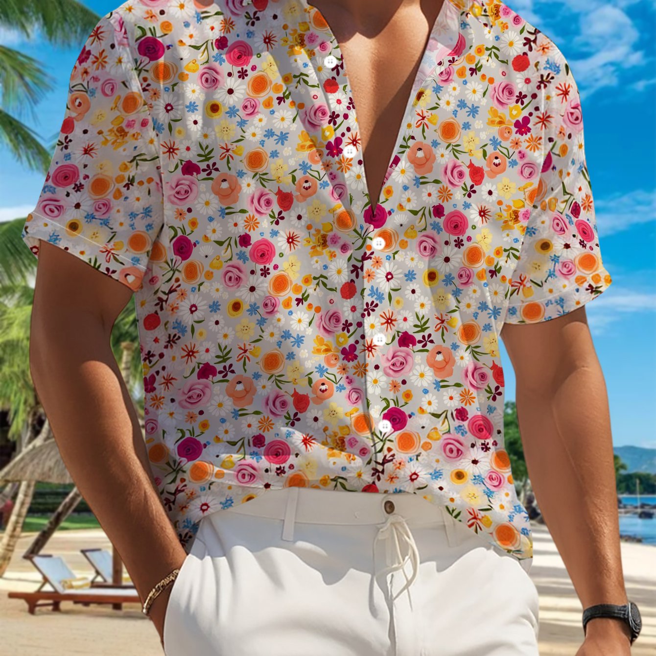 TEMU 's Casual Short-sleeve Shirt With Light-colored Base And Print Of Colorful Small Floral Patterns, Romantic And , Versatile For Holiday Parties