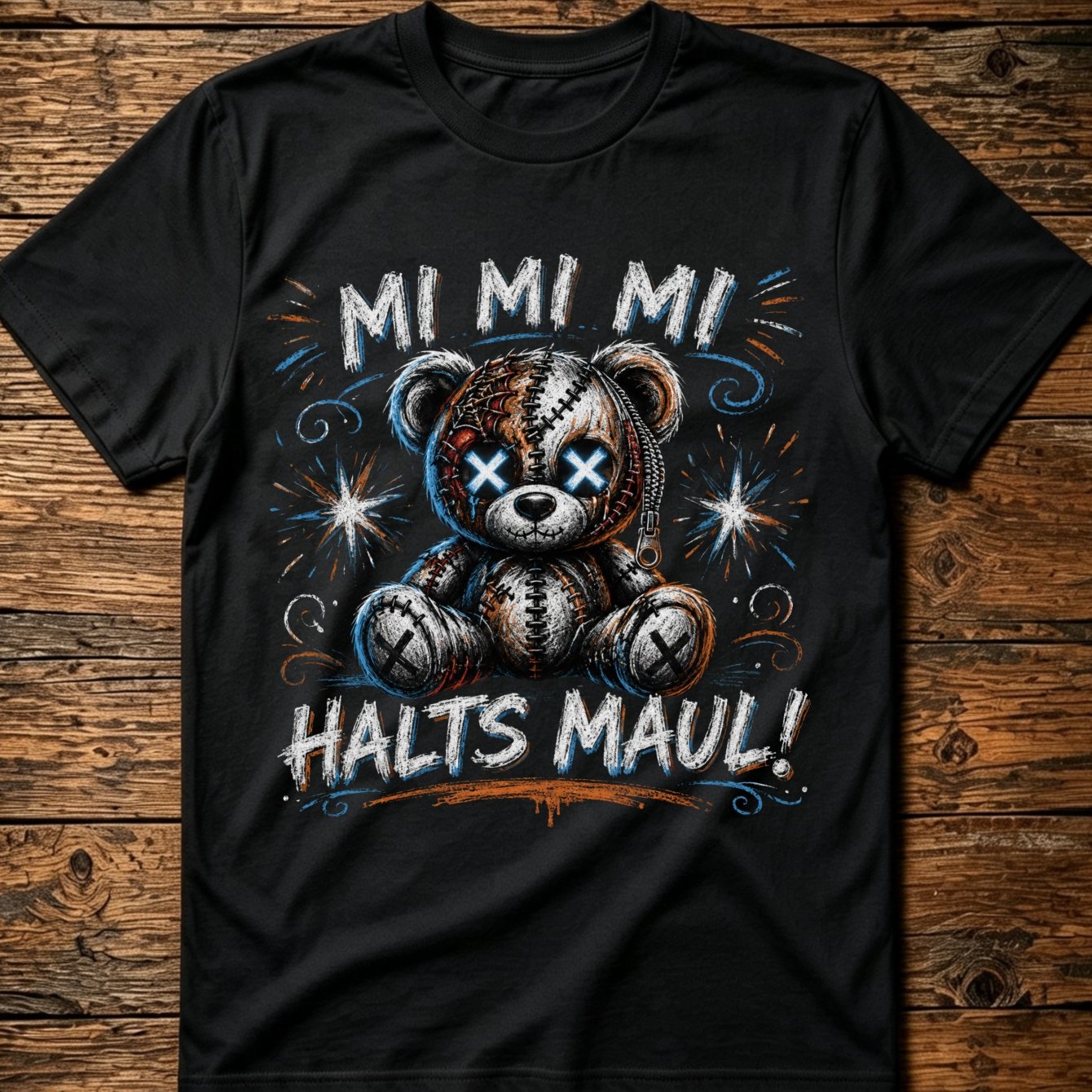 Image of Unisex T-shirt With Stitched Teddy Bear Glowing X Eyes Germanmi Mi Mi Mau Quote And Blue Orange