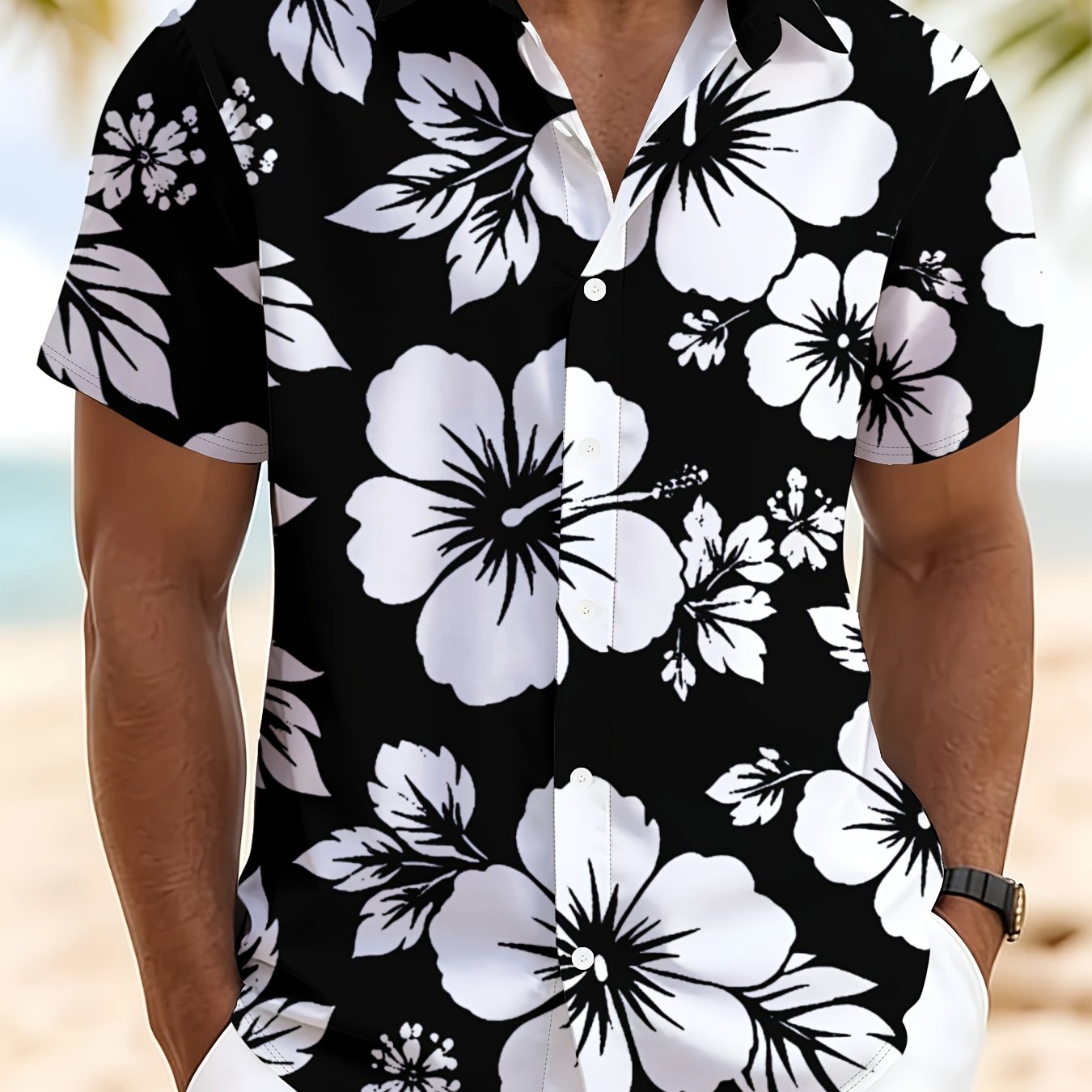 TEMU Men's Short-sleeve Button- Shirt, Geometric Pattern, Casual, Lapel Collar, Summer Fashion Wear