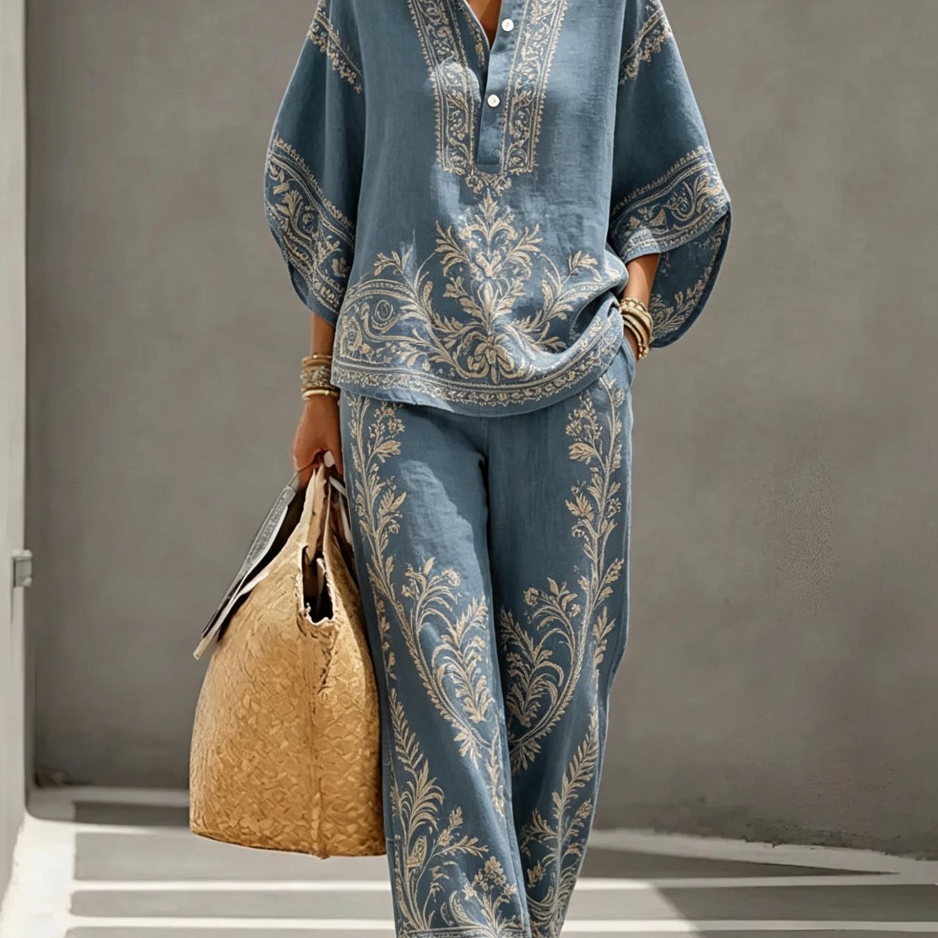 2pcs Set, Women's Stand-collar Three-quarter Sleeve Shirt With Casual Trousers, Geometric Art , Lightweight And Comfortable Summer Fabric, Suitable For Vacation, Leisure, Outdoor And Other