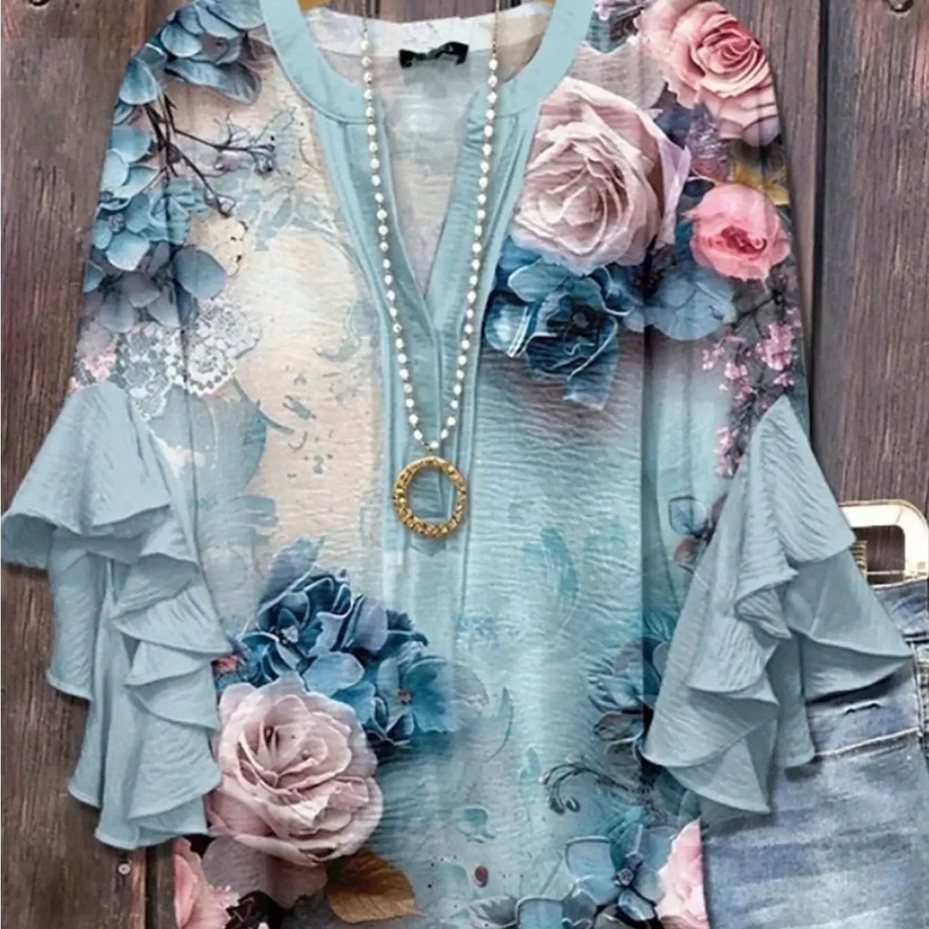 Image of Plus Size, Plus Size Women's Elegant V-neck Ruffle Sleeve Shirt, Floral Print Loose Top, Breathable, Casual To Formal, Spring And Autumn Travel Wear