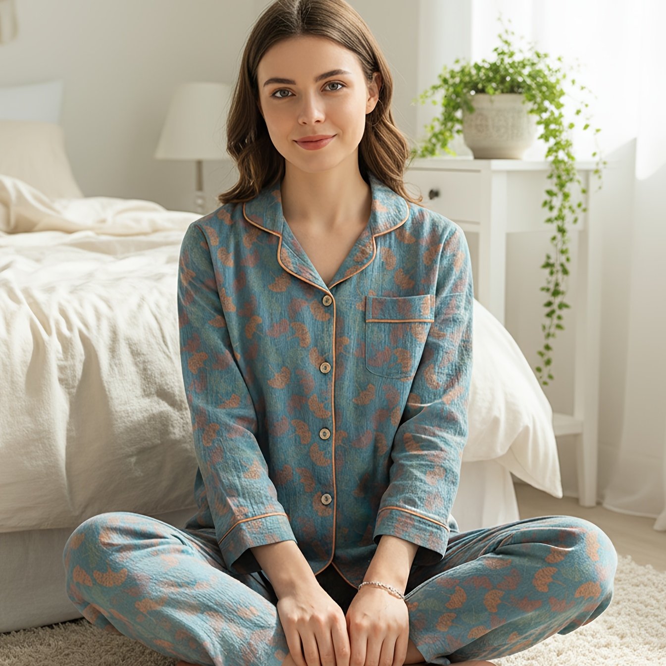 Image of 2pcs Pure Gauze Button- Pajama Set With Floral Print, Retro Spring/summer Loose Fit Homewear For Women