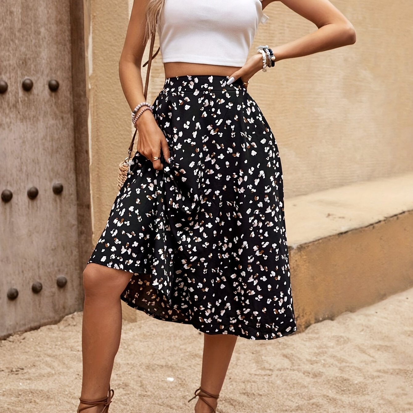 Image of Allover Print High Waist Flared Skirt, Vacation Loose Skirt For , Women's Clothing