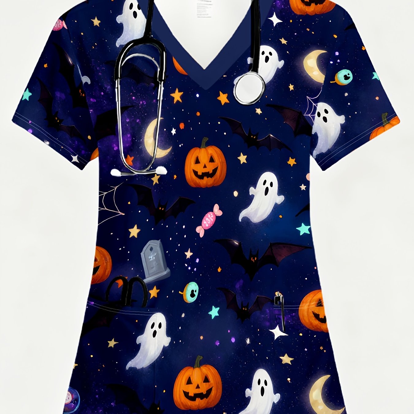 TEMU Halloween Fashion V-neck Women's Printed Uniform For Halloween Night, Featuring A Starry Sky, Pumpkin,, And . The Fabric Is Comfortable And