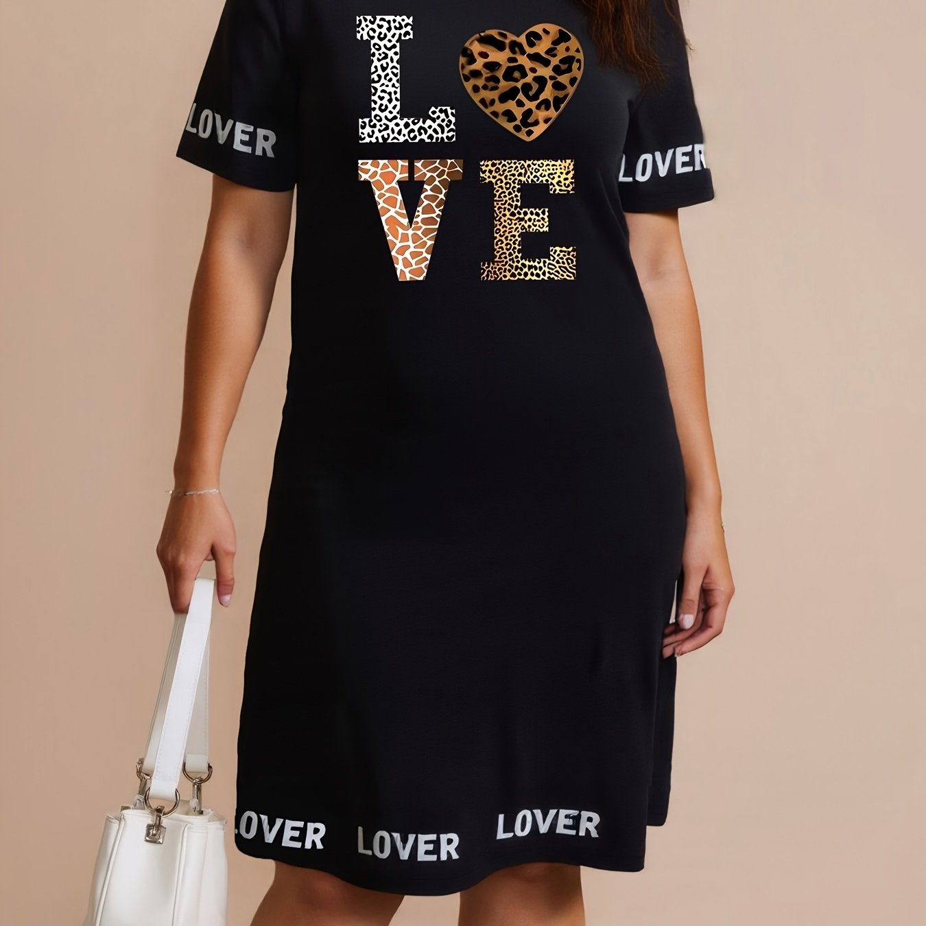 TEMU Plus Size - Summer Plus Size Women's Dress Love Leopard Print Short Sleeve Round Neck Loose Casual Women's Mid-length Skirt