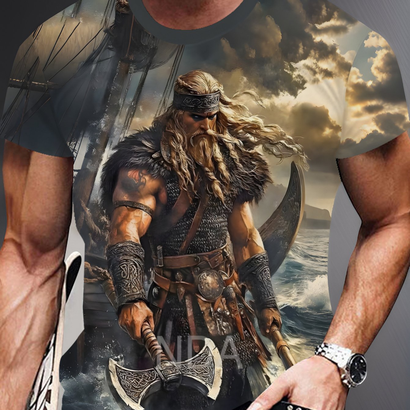 TEMU Men's Viking Pirate Ship T-shirt - And Maritime Storm Print, Round Neck Short Sleeve Casual Streetwear Top With Design, Breathable Fabric