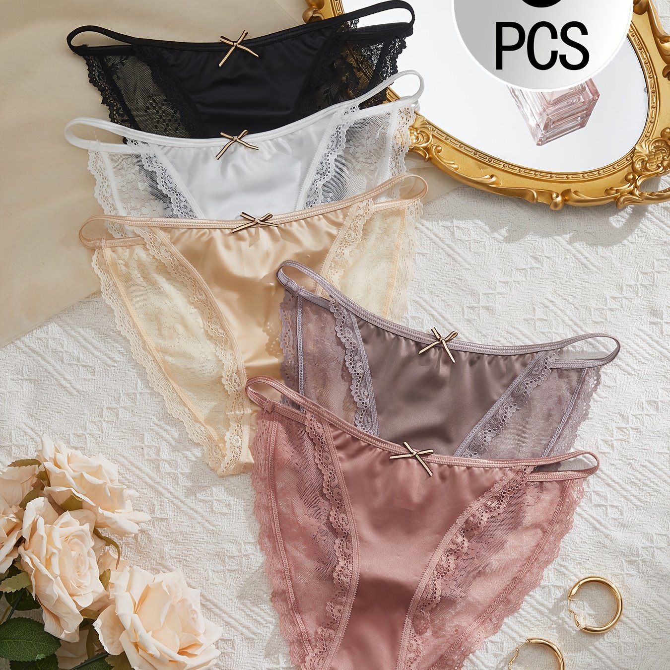 TEMU 5pcs 5pcs Women's Low-rise Semi-sheer Bow Lace Panties - Hip-hugging Bow Accent Underwear, Quick-dry Breathable Suitable For Daily Wear, Gym,