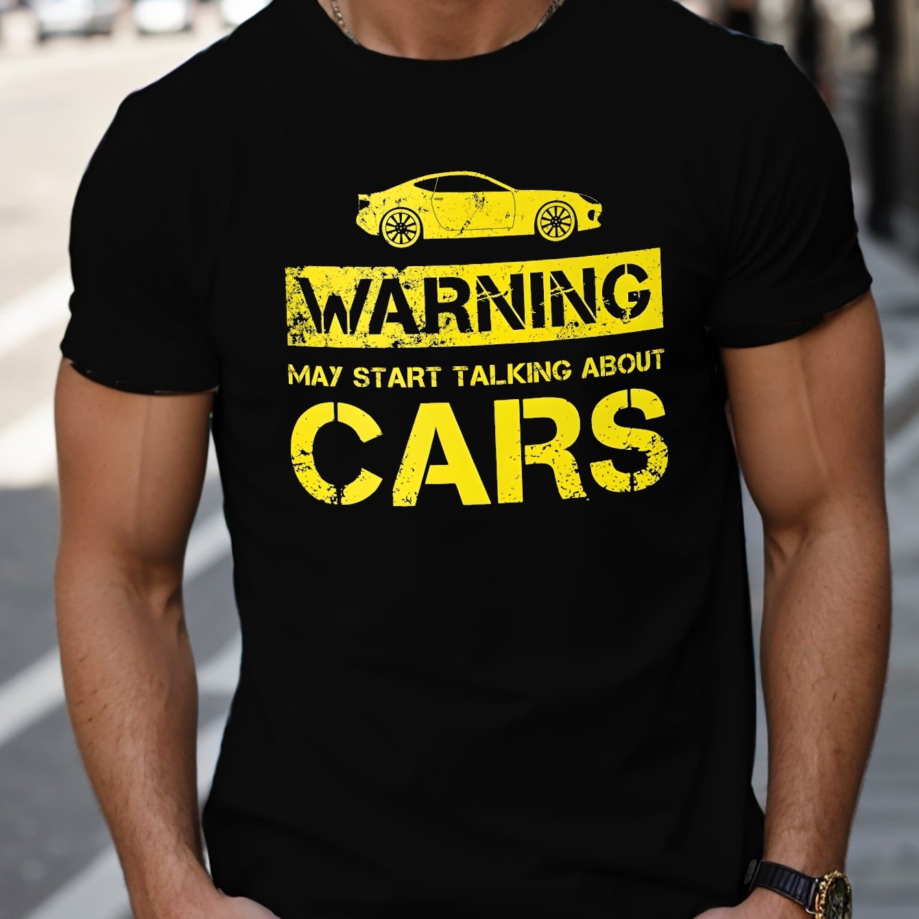 TEMU Warning Letter And Car Graphic Print Men's Creative Top, Casual Short Sleeve Crew Neck T-shirt, Men's Clothing For Summer Outdoor