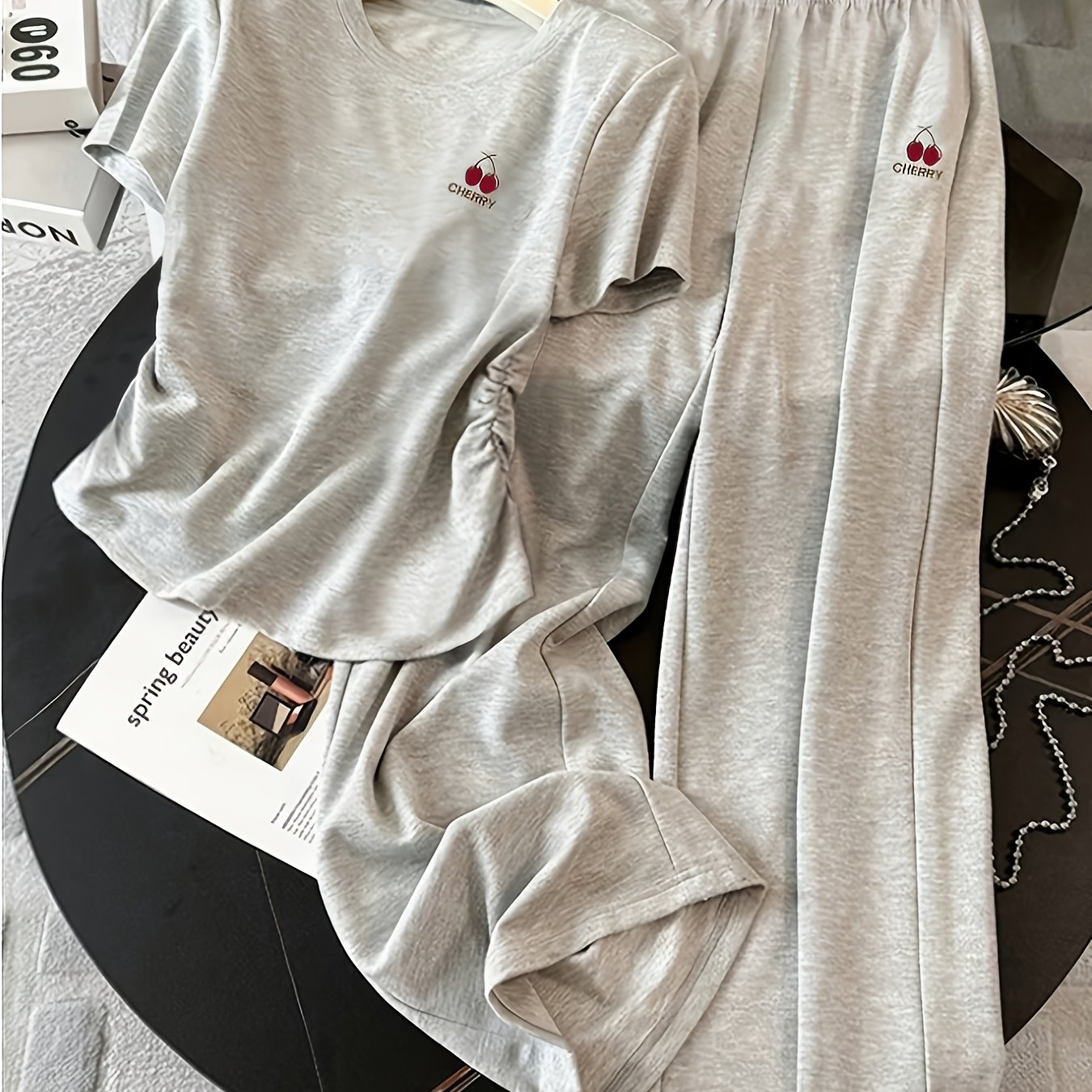 TEMU Ladies' Light Gray Minimalist Cherry Letter Printed Casual Suit, Round Neck Short Sleeved Top And A 2pcs Elastic Waist Wide Leg Pants Set,