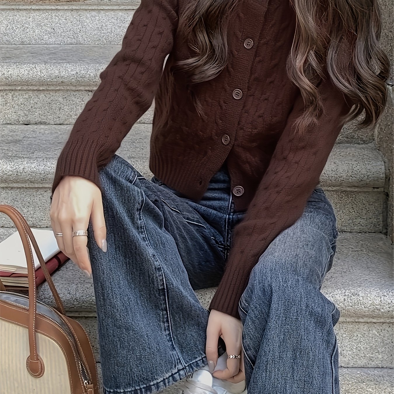 TEMU Cable Cardigan Sweater Women's Jacket Autumn Winter Preppy Style Top Short Length Top