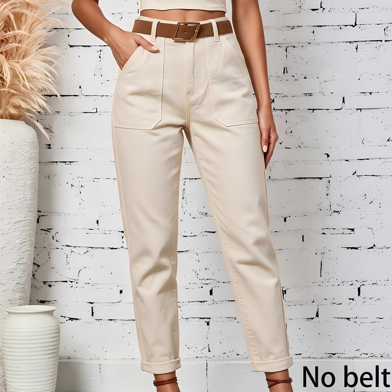 Image of 2026 Vintage Beige Casual Pants, High-waist Cropped Roll-up Hem Casual Trousers, And Versatile Casual Long Pants Denim Jeans