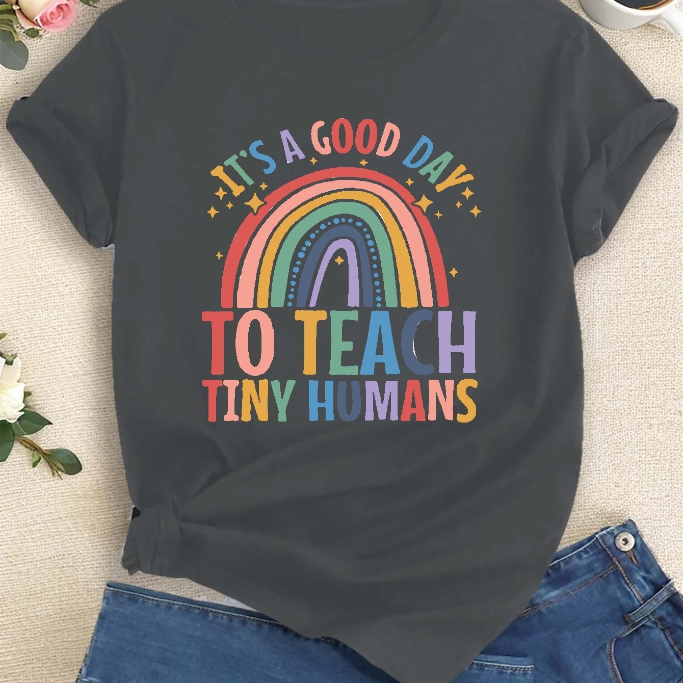 TEMU To Teach Print T-shirt, Short Sleeve Crew Neck Casual Top For Summer & Spring, Women's Clothing