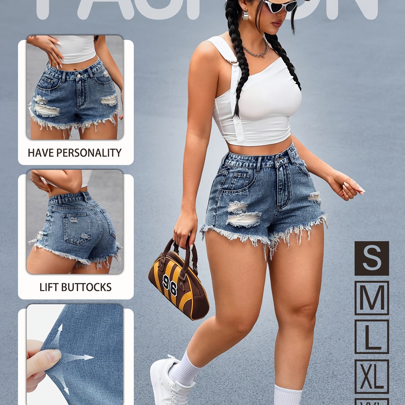 Image of High-waisted Frayed Elastic Denim Shorts For Women, Fashionable Distressed Casual Pants, , And -lifting, Versatile For Work, Leisure, And Weekend , Wash
