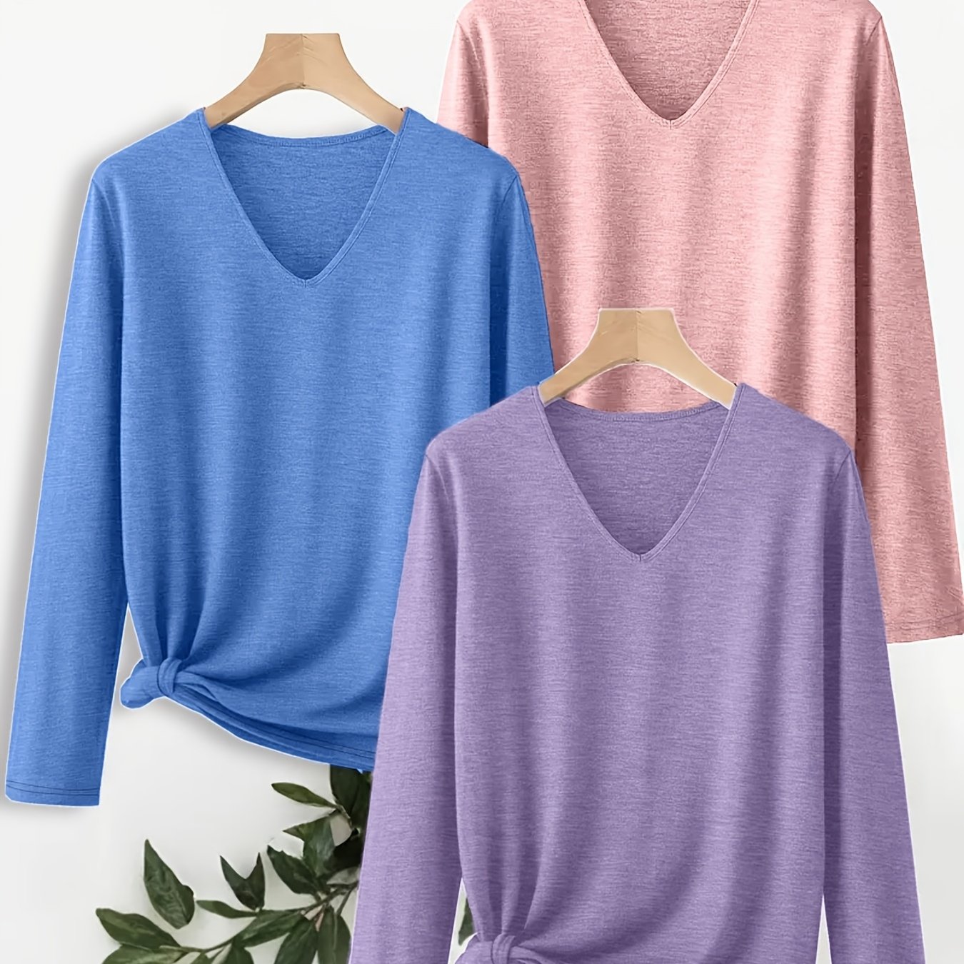 TEMU Plus Size, 3pcs Solid Color Unprinted V-neck Long-sleeve Tops, New 2026 Spring/autumn Loose-fit Casual Base Layer T-shirts, Versatile Tops For