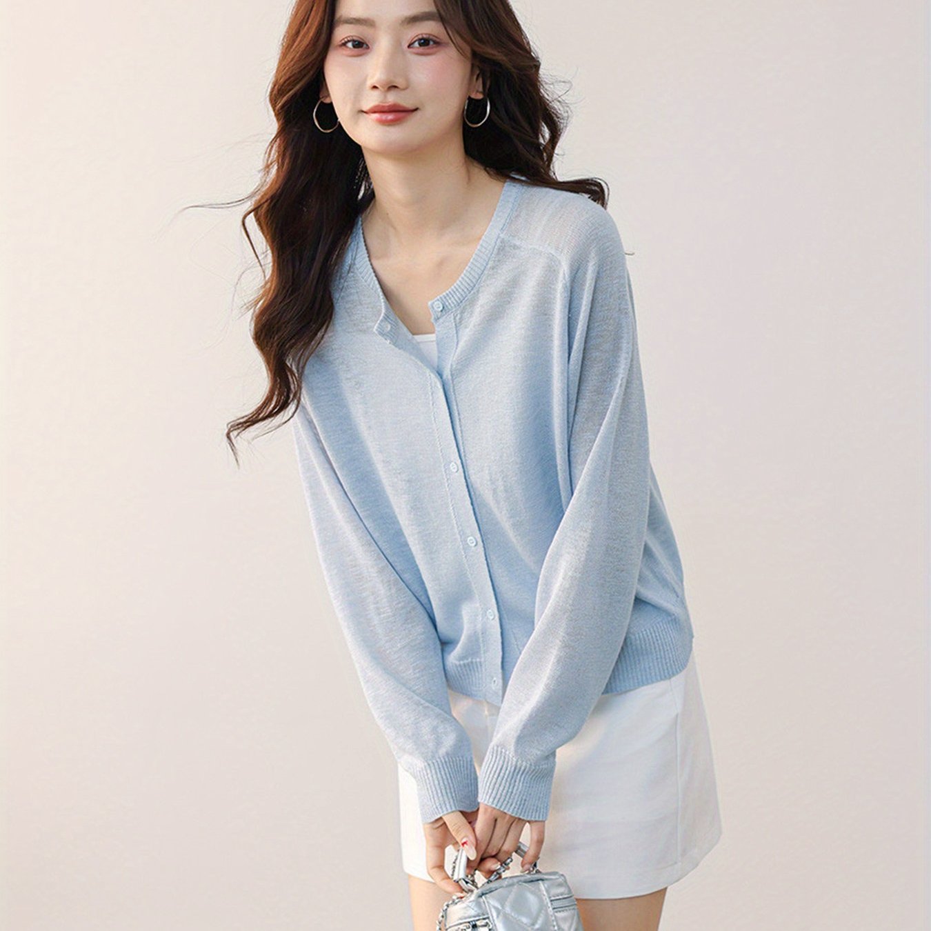 TEMU 여성용 라운드넥 롱슬리브 넉넉한 얇은 가디건
