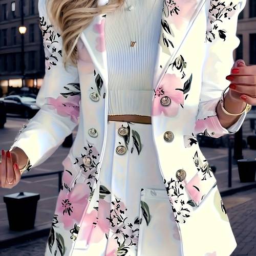 autumn new floral print two piece suit set elegant double breasted lapel suit jacket and hip hugging tight skirt womens clothing