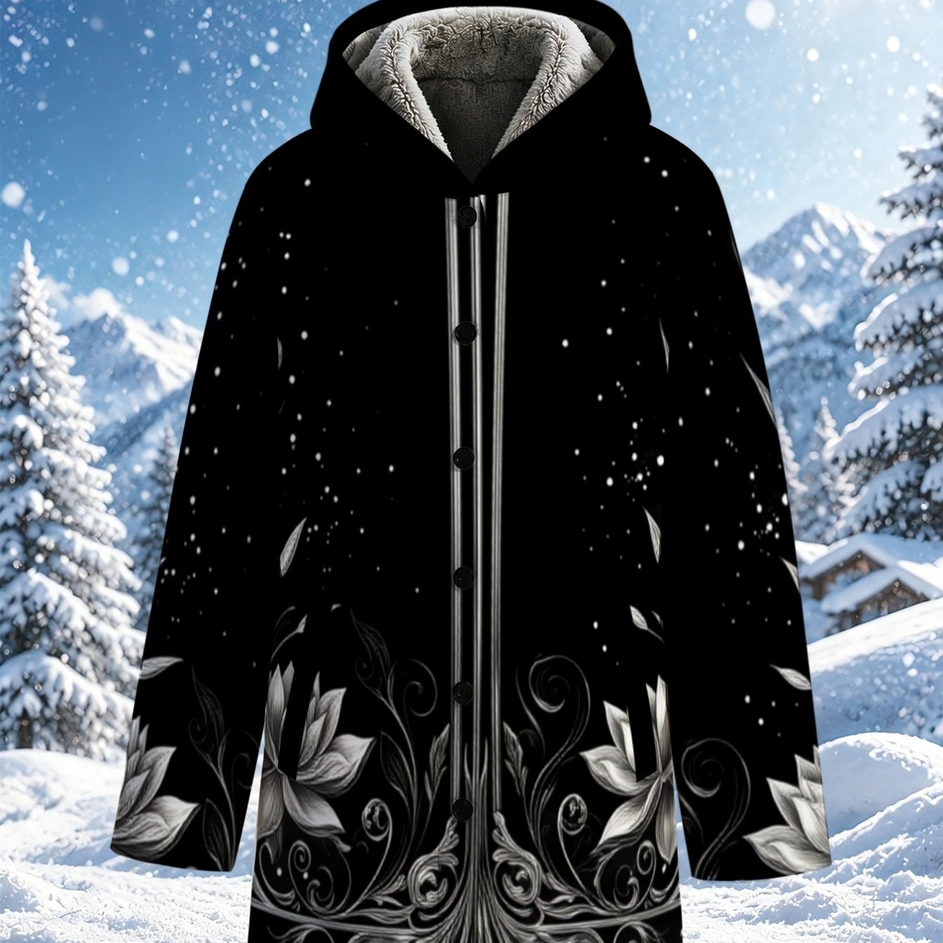 TEMU Lianyaoshi[printed Design Not Textured]women's Fleece-lined For Autumn Winter Black Floral Print, Warm Hooded Design Ideal For Outdoor Snowy