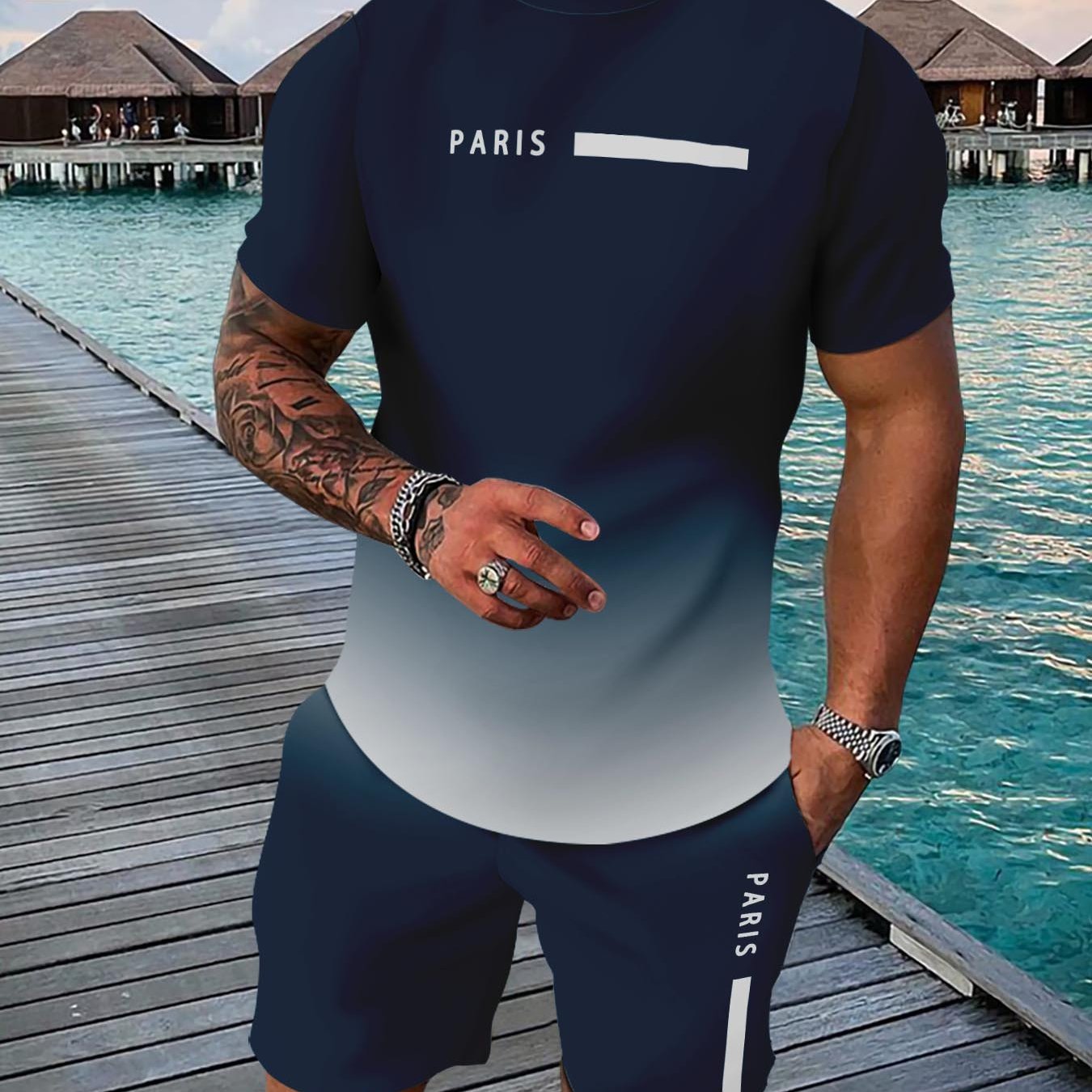 TEMU Paris Casual Sweatsuit Set For Men - Crew Neck T-shirt And Shorts , , Regular Fit, & Spandex Blend, Slight Stretch, 3d , Breathable Athletic