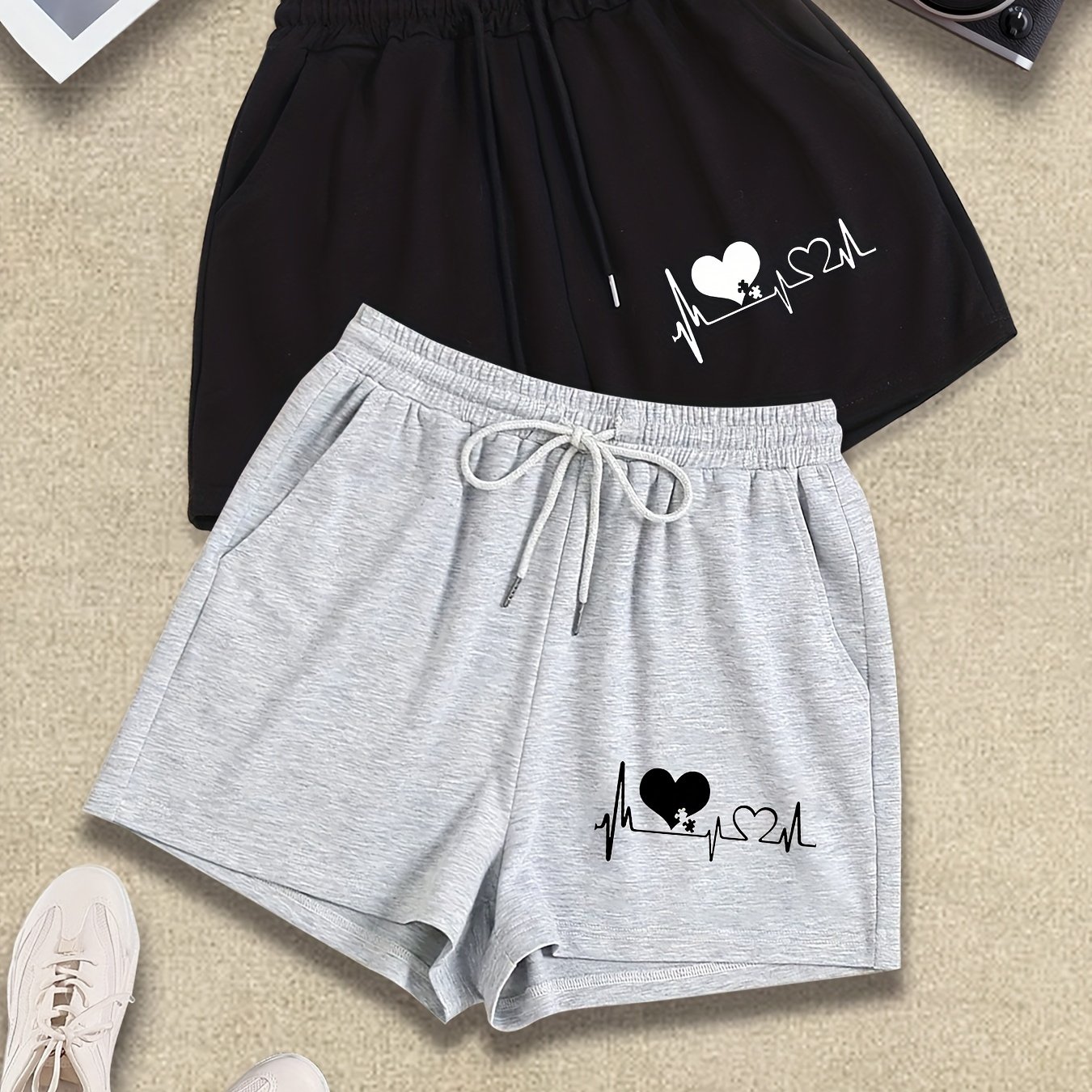 TEMU 2 Packs Plus Size Heart Print Drawstring Shorts, Casual Elastic Waistband Shorts For , Women's Plus SizeÂ clothing