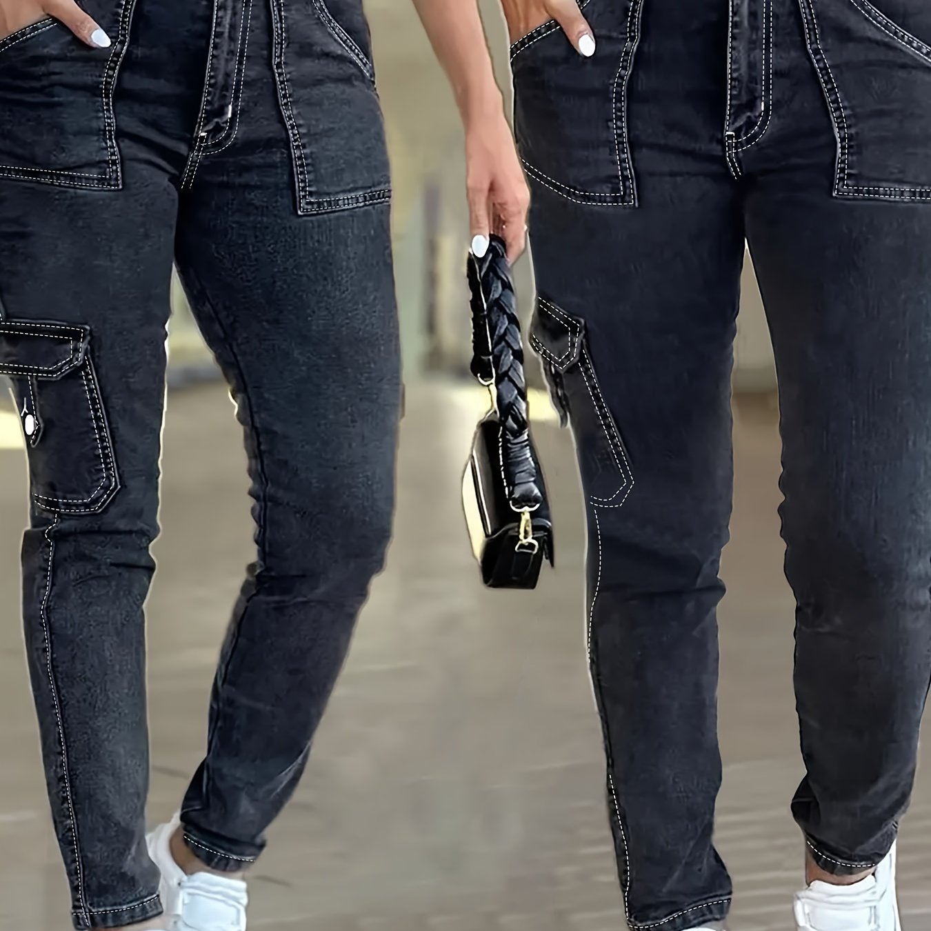 Women's Black High-waist Stretchy Vintage-style Denim Cargo Joggers With Side Pockets And Decorative Belt For