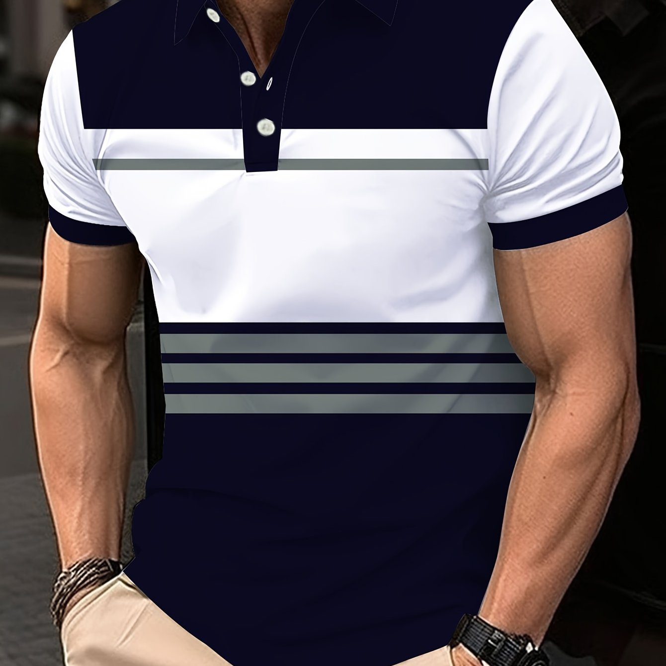 TEMU Men's Fashion Striped Shirt, Casual Short Sleeve Golf Shirt, Comfort Fit For Summer Sport & Casual Outings