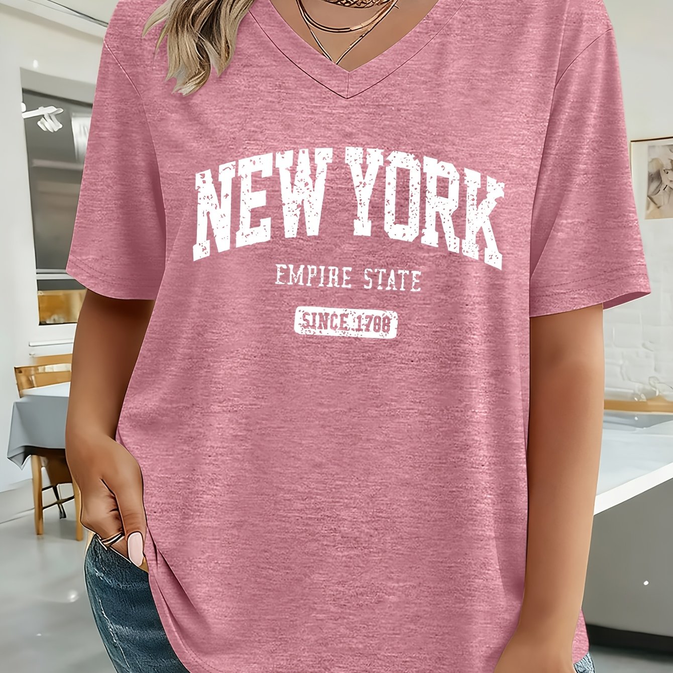 TEMU Plus Size Women's Oversize Vintage Distressed Letter Print V-neck Short Sleeve T-shirt, American Preppy Style Loose Top, Spring Summer Fall