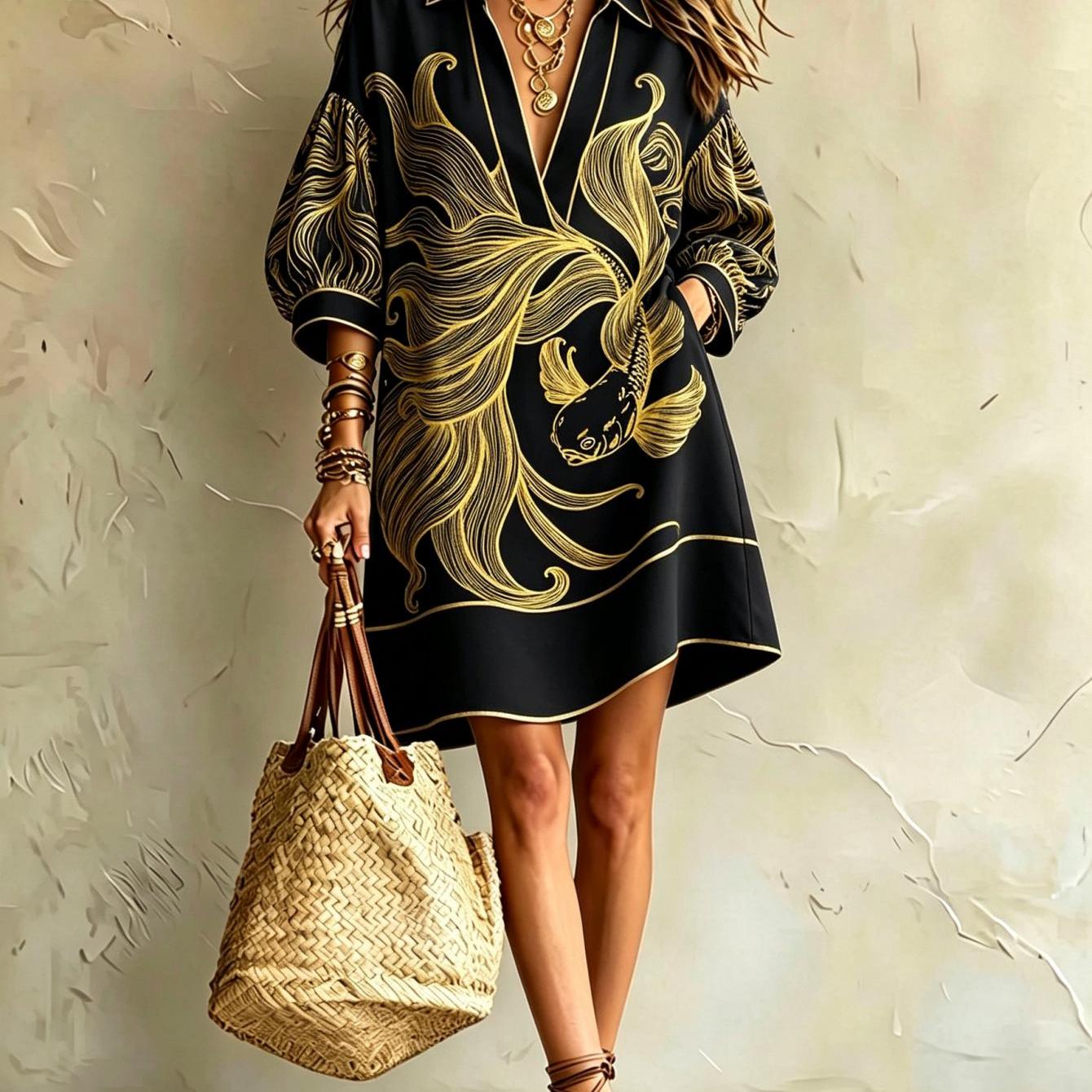 Image of Women's Summer Dress Pattern Print 3/4 Sleeve Collared Shirt Dress Golden Swirl Pattern Elegant Luxurious Ladies Dress Made Of Fabric Loose Design Ideal For Vacation And Daily Outfits