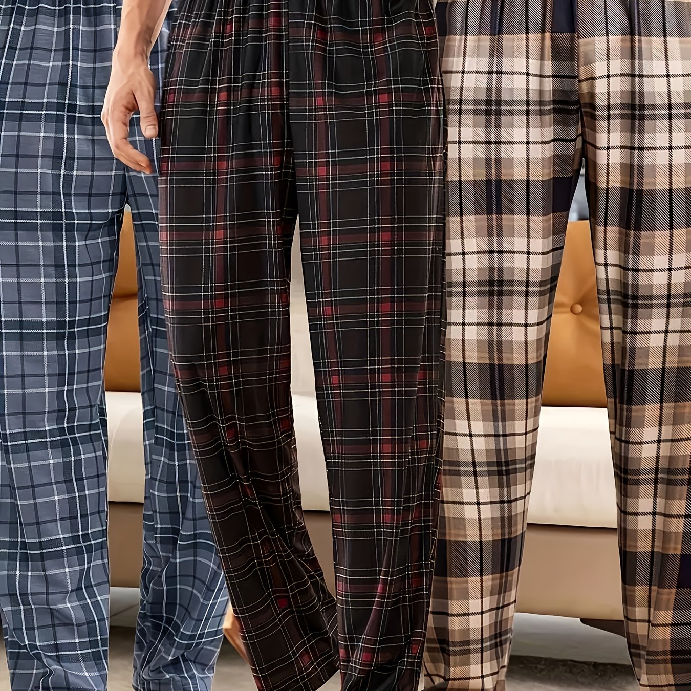 TEMU 3-pack Men's Soft Plaid Pajama Pants With Elastic Waist & Double - Loose-fit -season Sleepwear Suitable For &, Spring Summer Nightgowns (hand