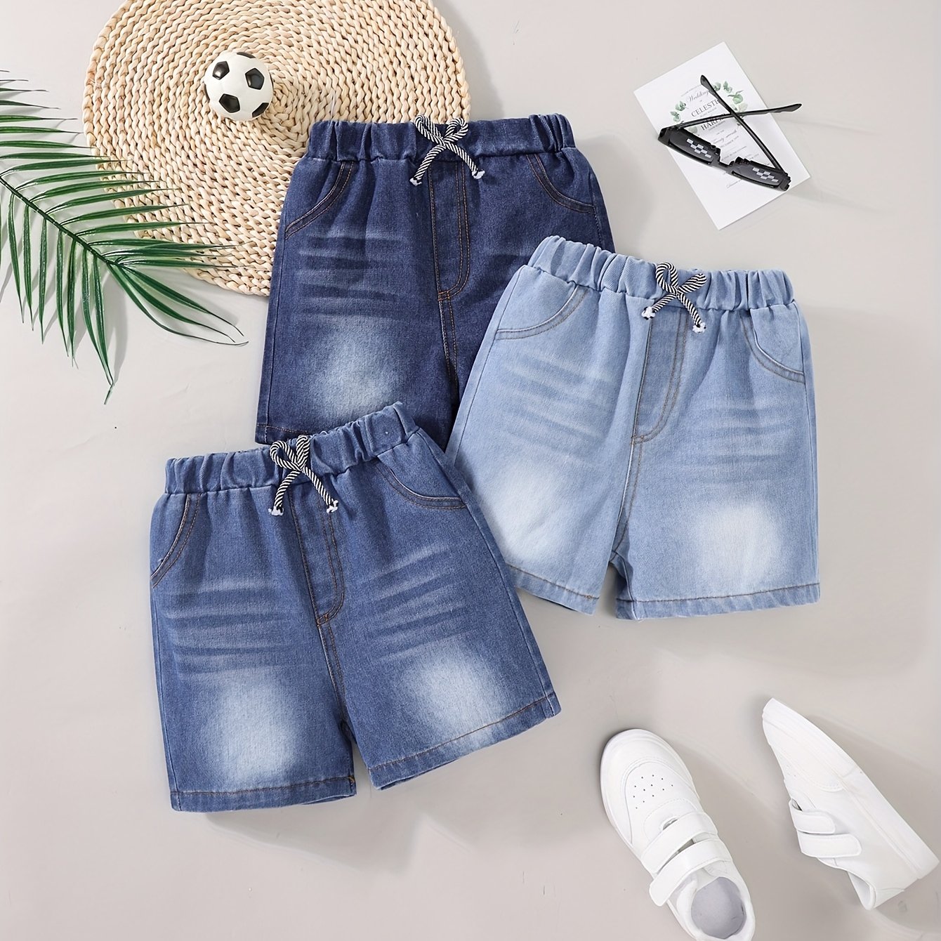 Image of Boys' Summer Casual Vintage Washed Denim Shorts 3pcs Set Outdoor All-match Casual Shorts, For Outdoor