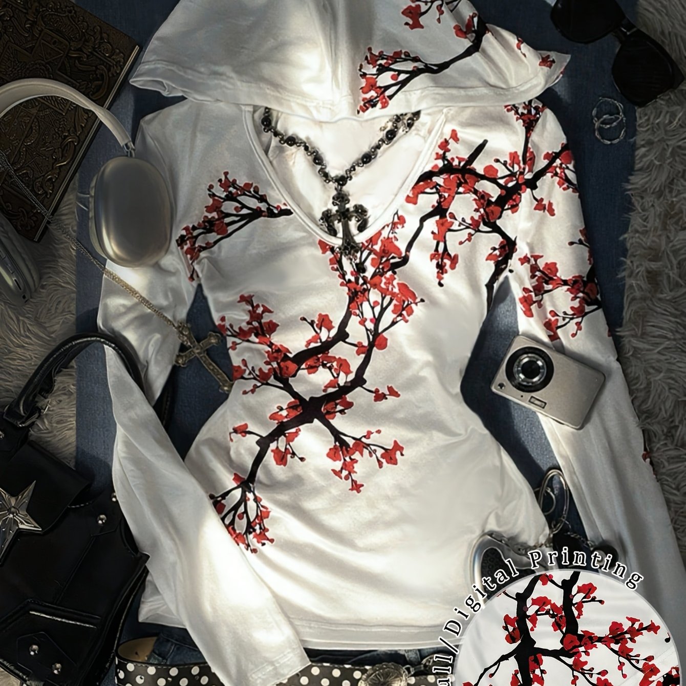 E-shop Y2K Damen T-Shirt mit Pflaumenblüten-Print, Modisches Sweatshirt für Herbst Winter, Stylisches T-Shirt, Süßes T-Shirt, 2000er Vintage-Stil