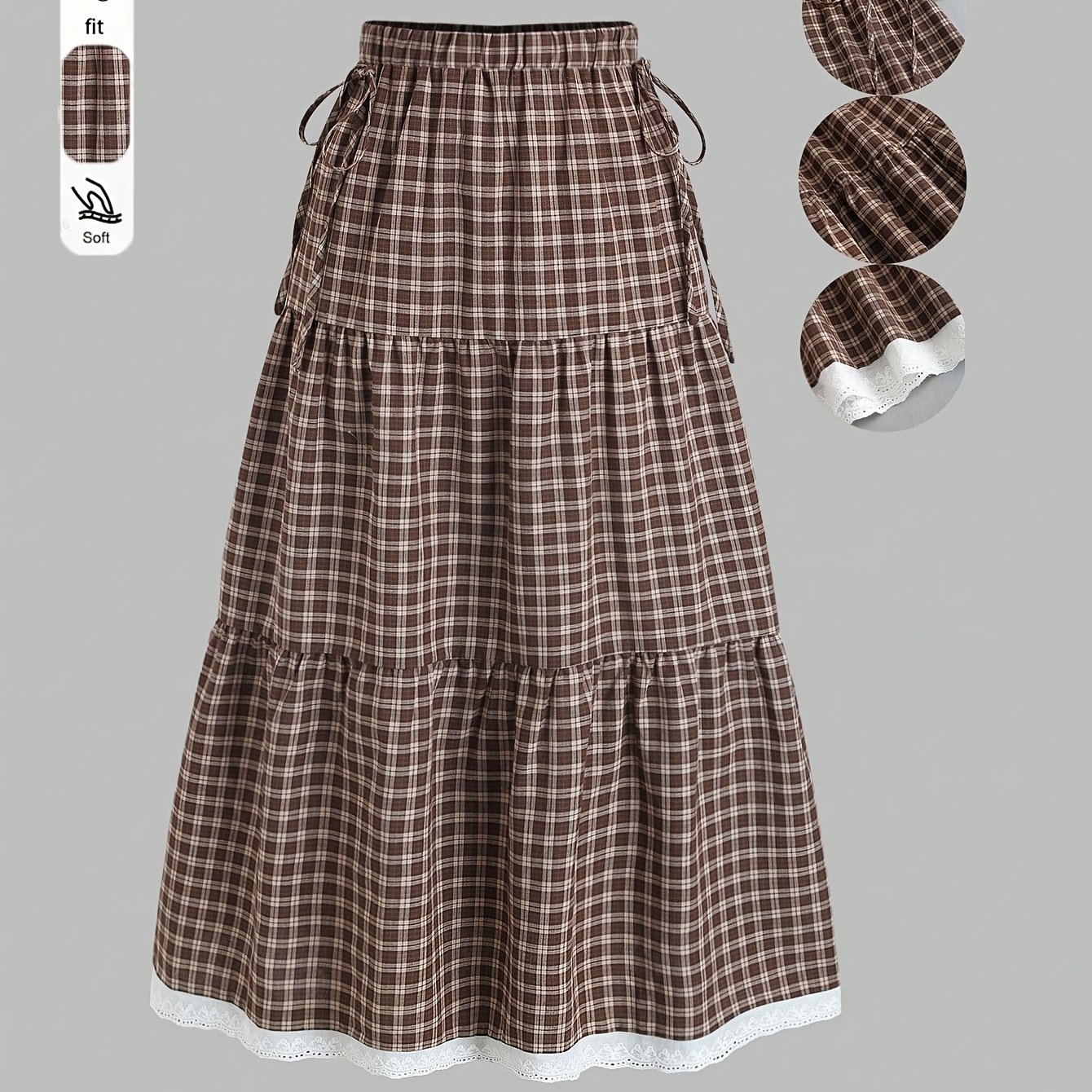 TEMU Women's Vintage Skirt With Layered Hem & Bow Decoration - Plaid Lace Suitable For - Wear, Machine Washable Non-stretch Skirt For,, Semi-formal