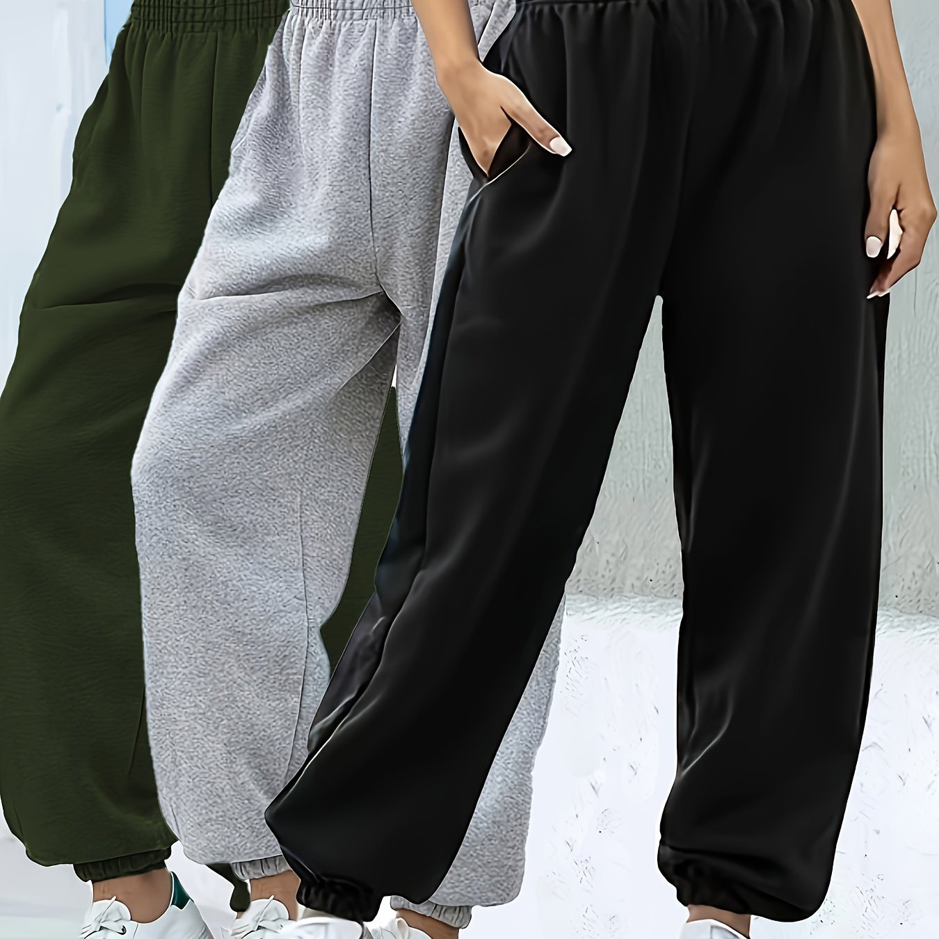 Image of 3 Pairs Fashionable And Casual Jogging Pants, With Elastic Waist Comfortable Trousers, Women's Wear