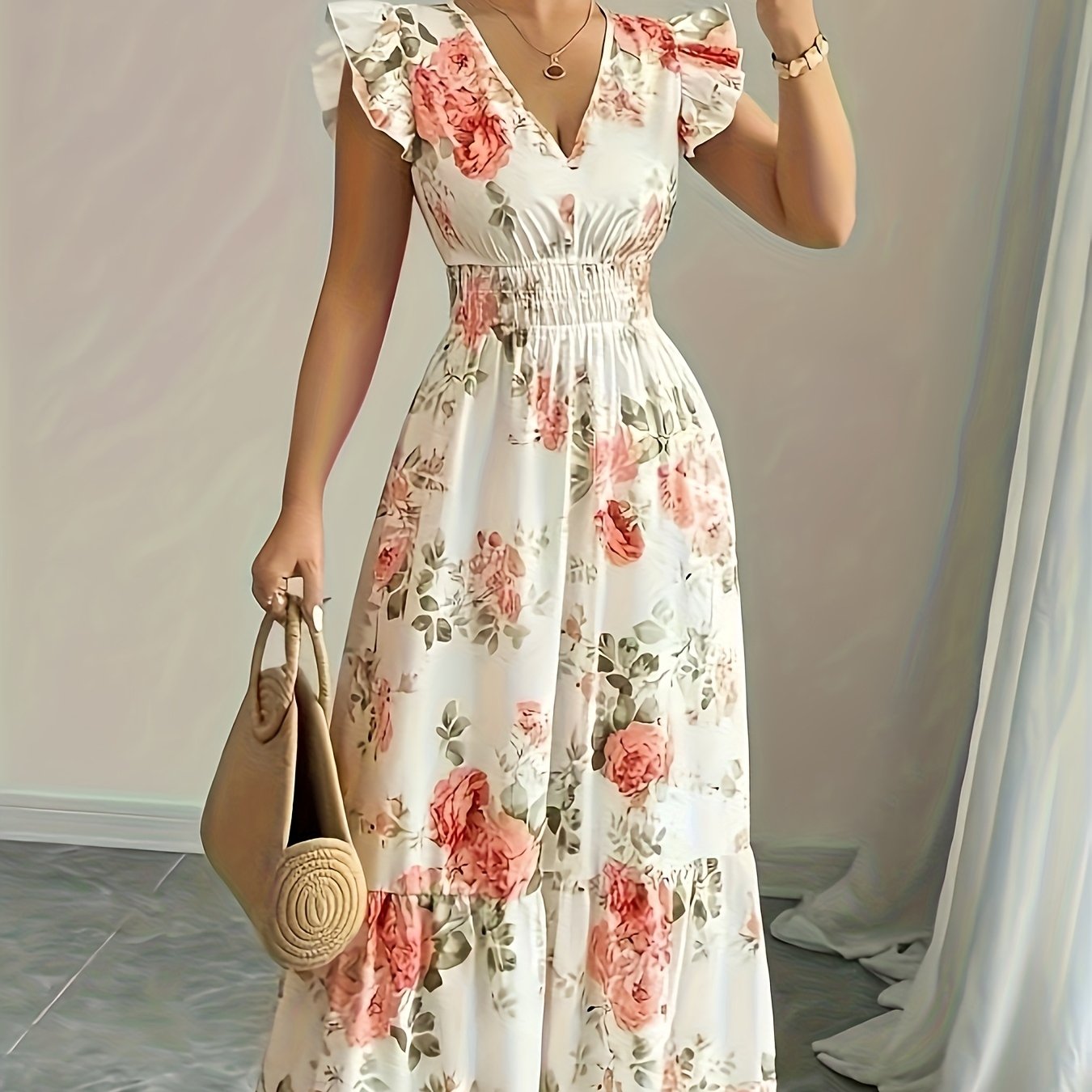 E-shop Elegantes Damen-Kleid mit Blumendruck, Kordelzug-Taillenbund, Rüschenbesatz, V-Ausschnitt-Design, modischer -Style, romantisch, Strand, Urlaub