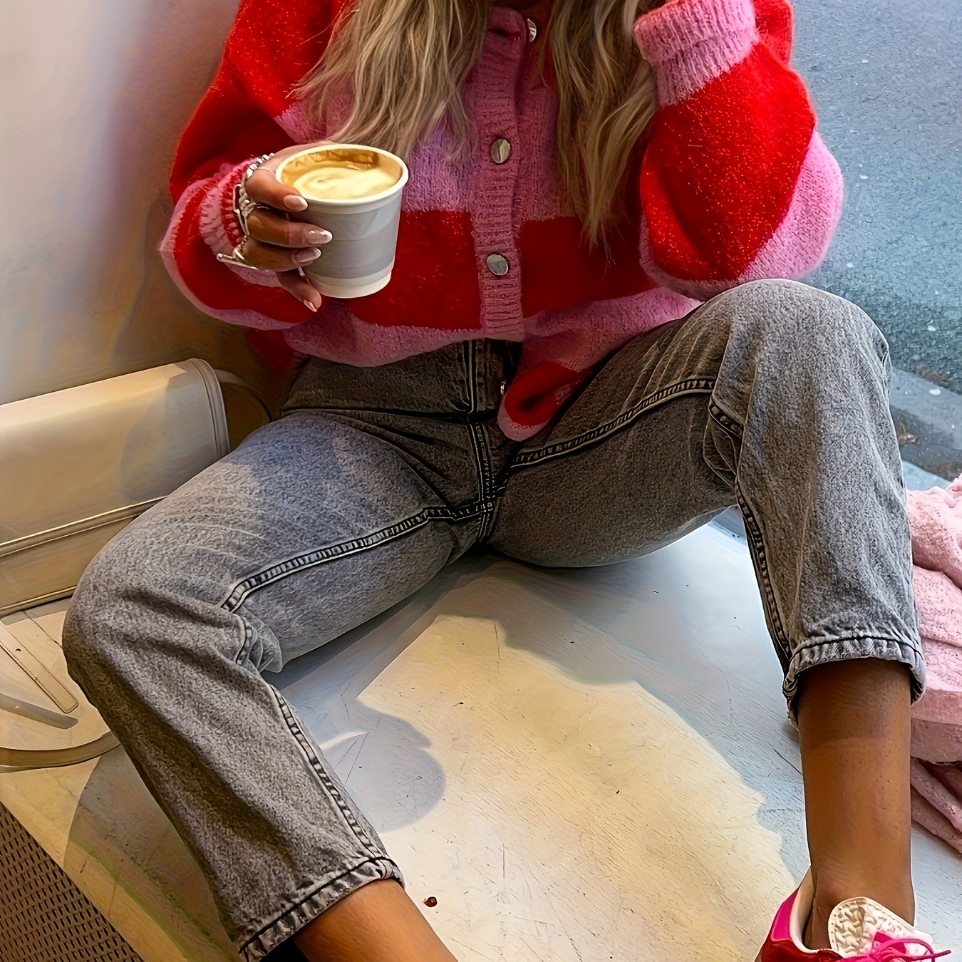 Stylish Contrast Stripe Loose Round Neck Sweater Cardigan - Niannian