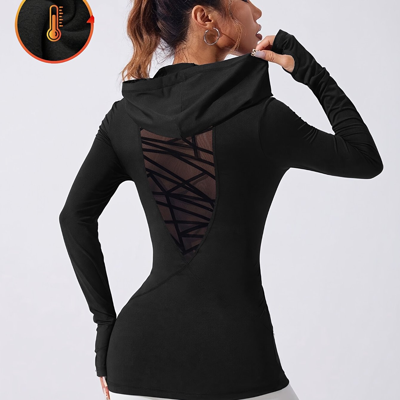E-shop Neuer stylischer Damen-Hoodie, Herbst-Hoodie, Schwarzer Mesh-Patchwork-Fleece-Hoodie mit Taille, Geeignet für Fitness, Outdoor, Shopping, ,